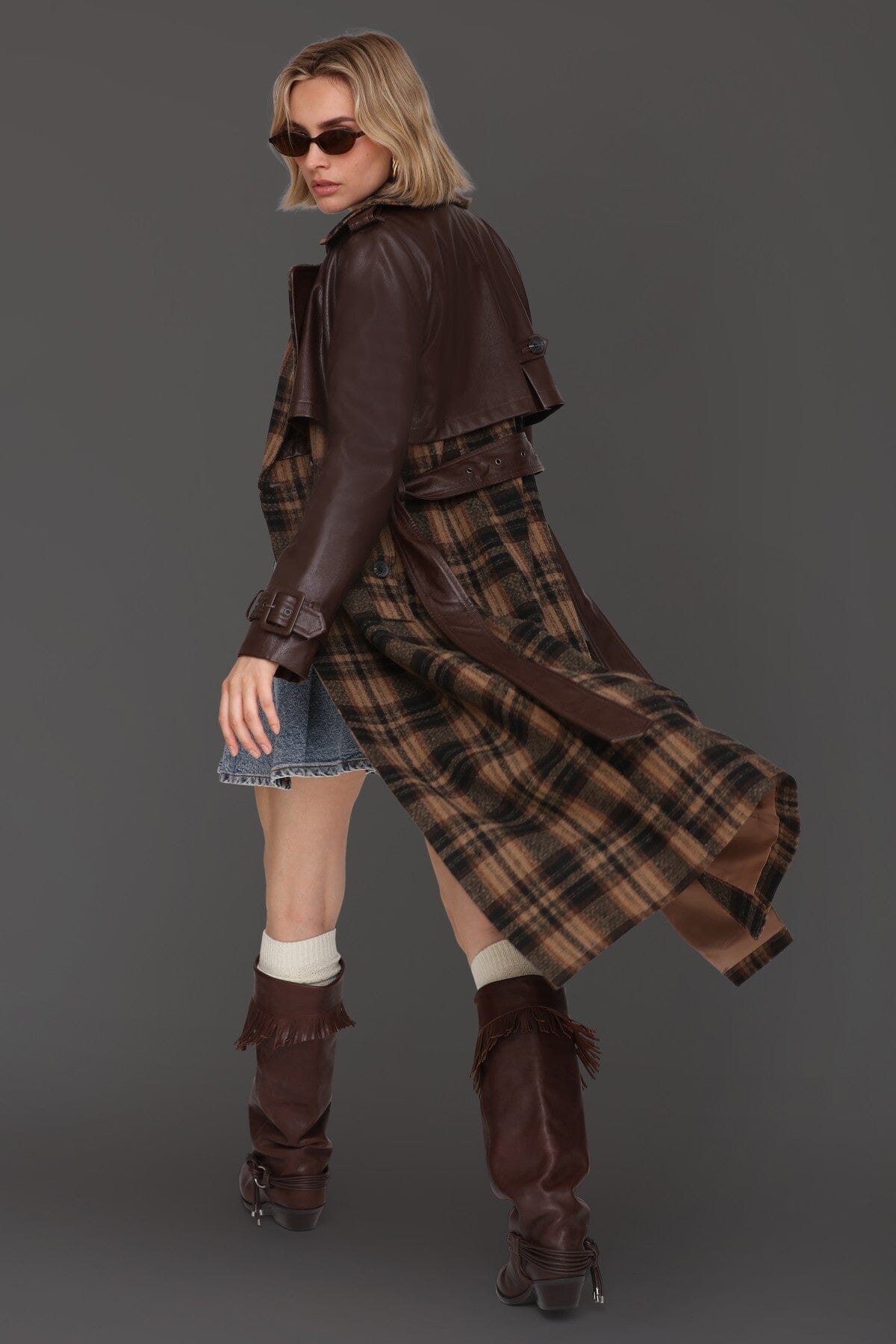 Multi brown plaid wool-blend faux leather double-breasted button front trench coat - Cute women's long trench coats by Avec Les Filles