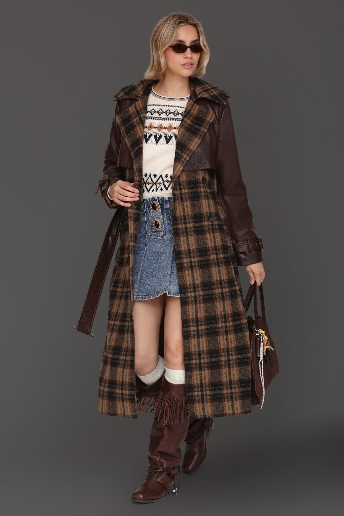 Multi brown plaid wool-blend faux leather double-breasted button front trench coat - Cute women's long trench coats by Avec Les Filles