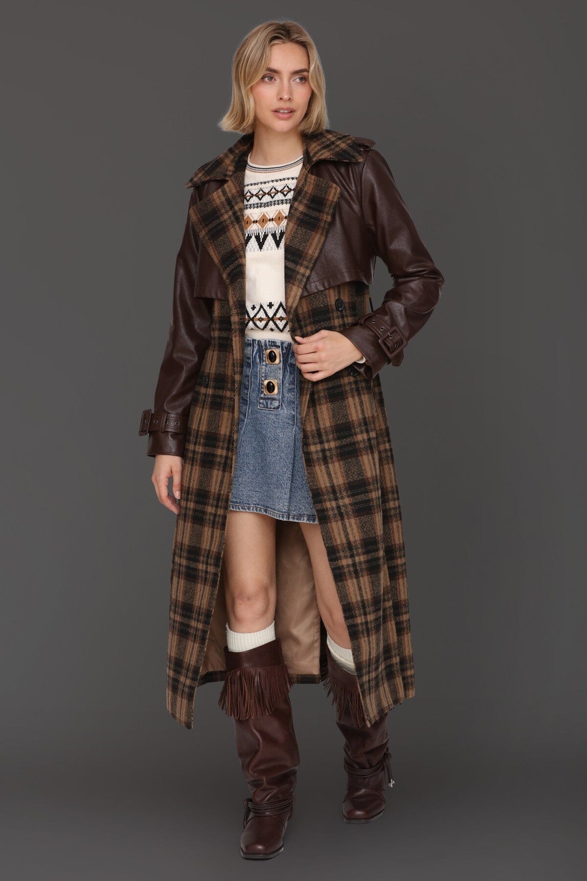 Multi brown plaid wool-blend faux leather double-breasted button front trench coat - Cute women's long trench coats by Avec Les Filles