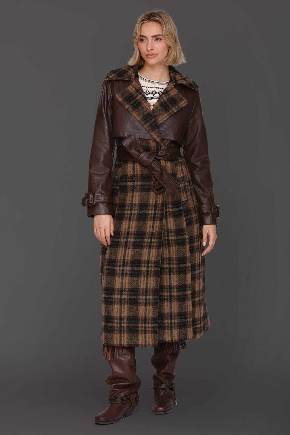Multi brown plaid wool-blend faux leather double-breasted button front trench coat - Cute women's long trench coats by Avec Les Filles