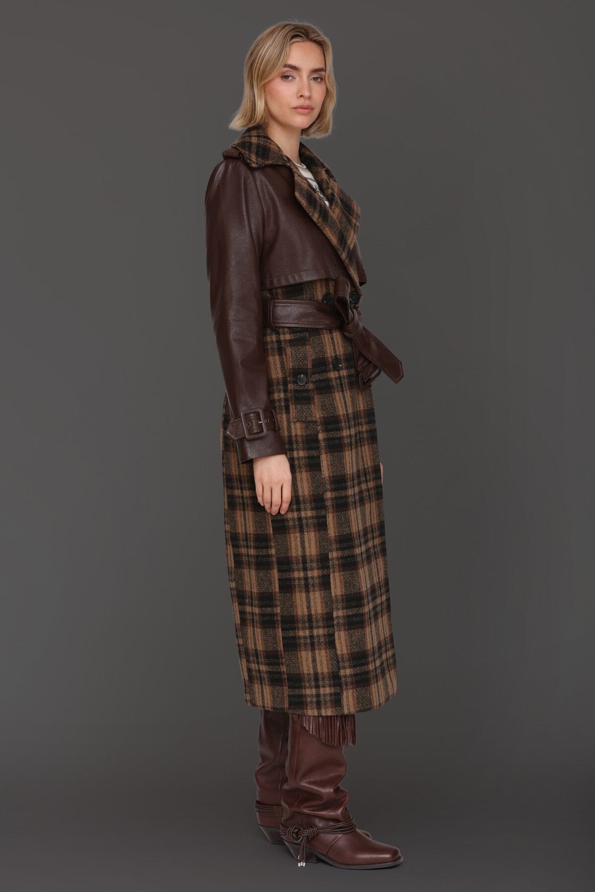 Multi brown plaid wool-blend faux leather double-breasted button front trench coat - Cute women's long trench coats by Avec Les Filles