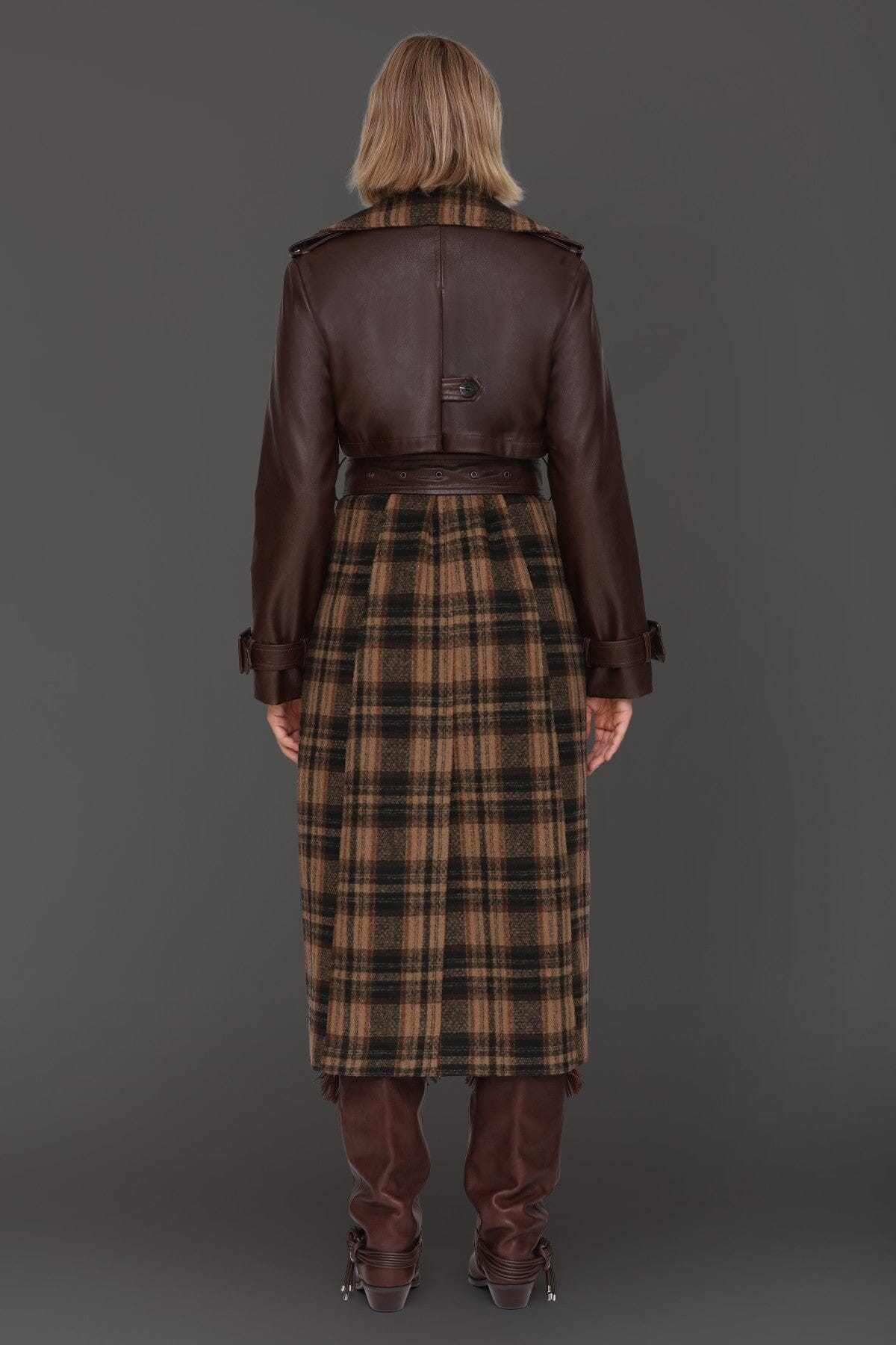 Multi brown plaid wool-blend faux leather double-breasted button front trench coat - Cute women's long trench coats by Avec Les Filles