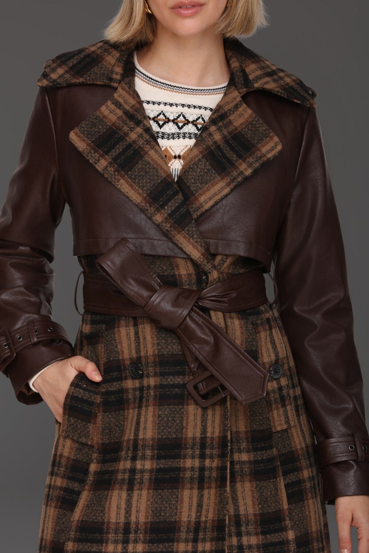 Multi brown plaid wool-blend faux leather double-breasted button front trench coat - Cute women's long trench coats by Avec Les Filles