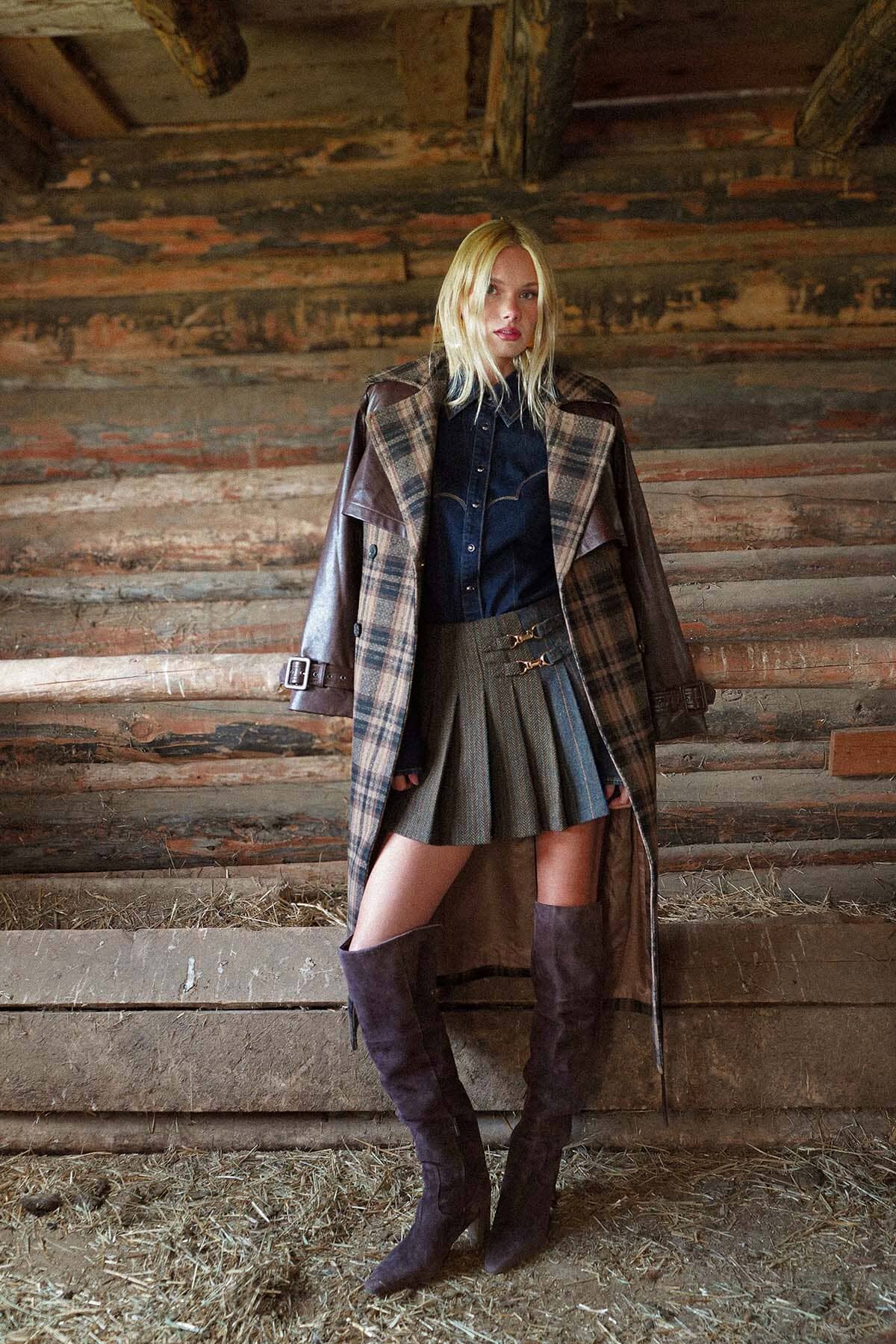 Multi brown plaid wool-blend faux leather double-breasted button front trench coat - Cute women's long trench coats by Avec Les Filles