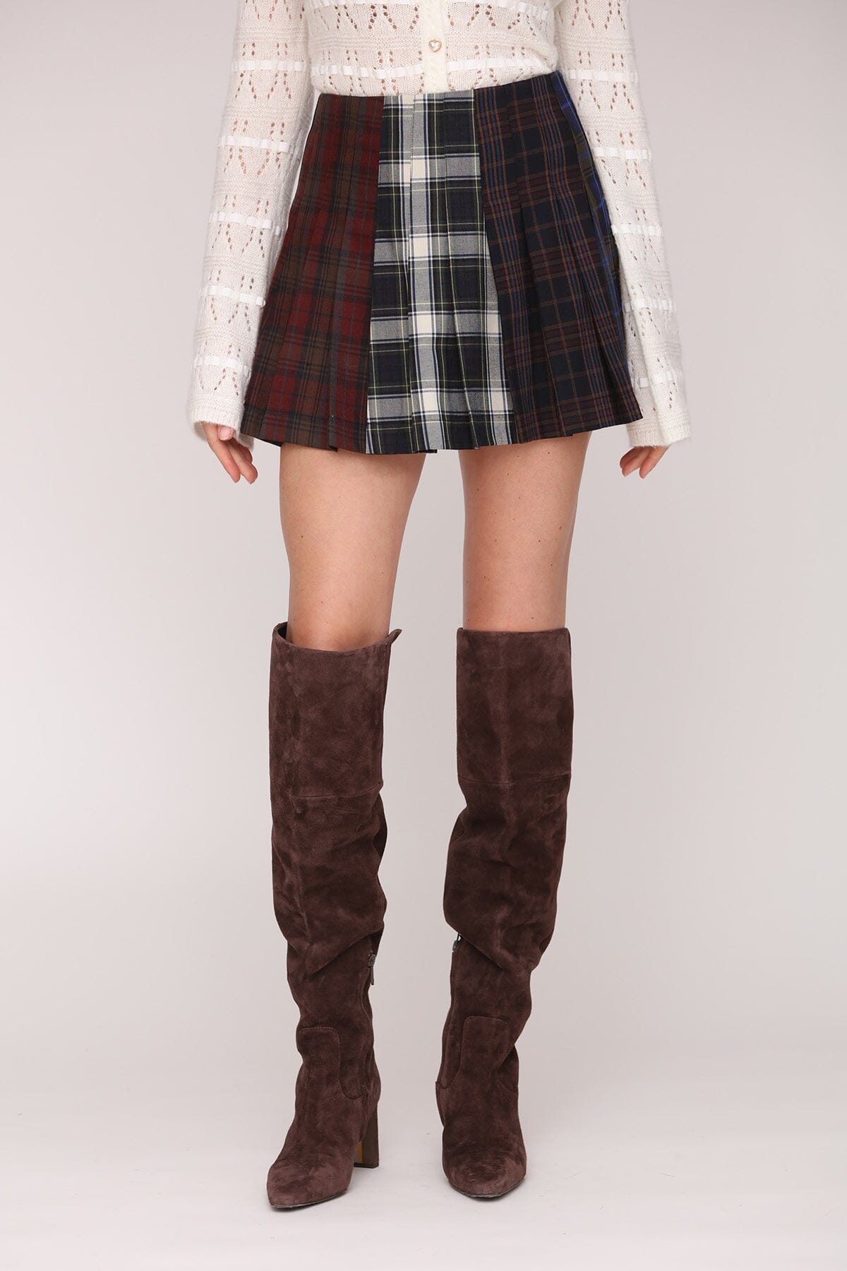 Dark multi plaid pleated mini skirt with side zipper closure - Cute women's mini skirts by Avec Les Filles