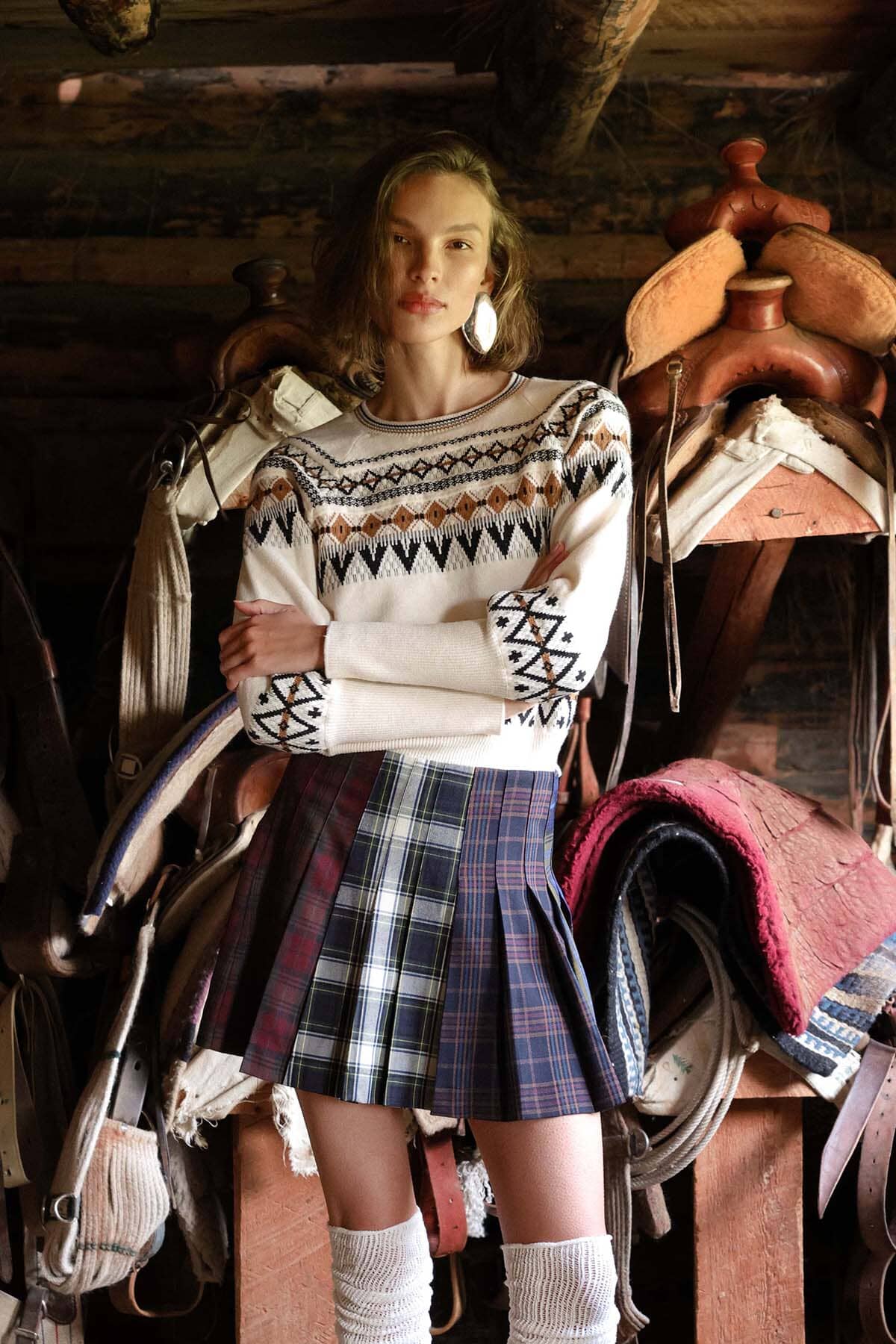 Fair isle jacquard pattern long puff sleeve ivory sweater with crew neckline - Cute women's sweater by Avec Les Filles