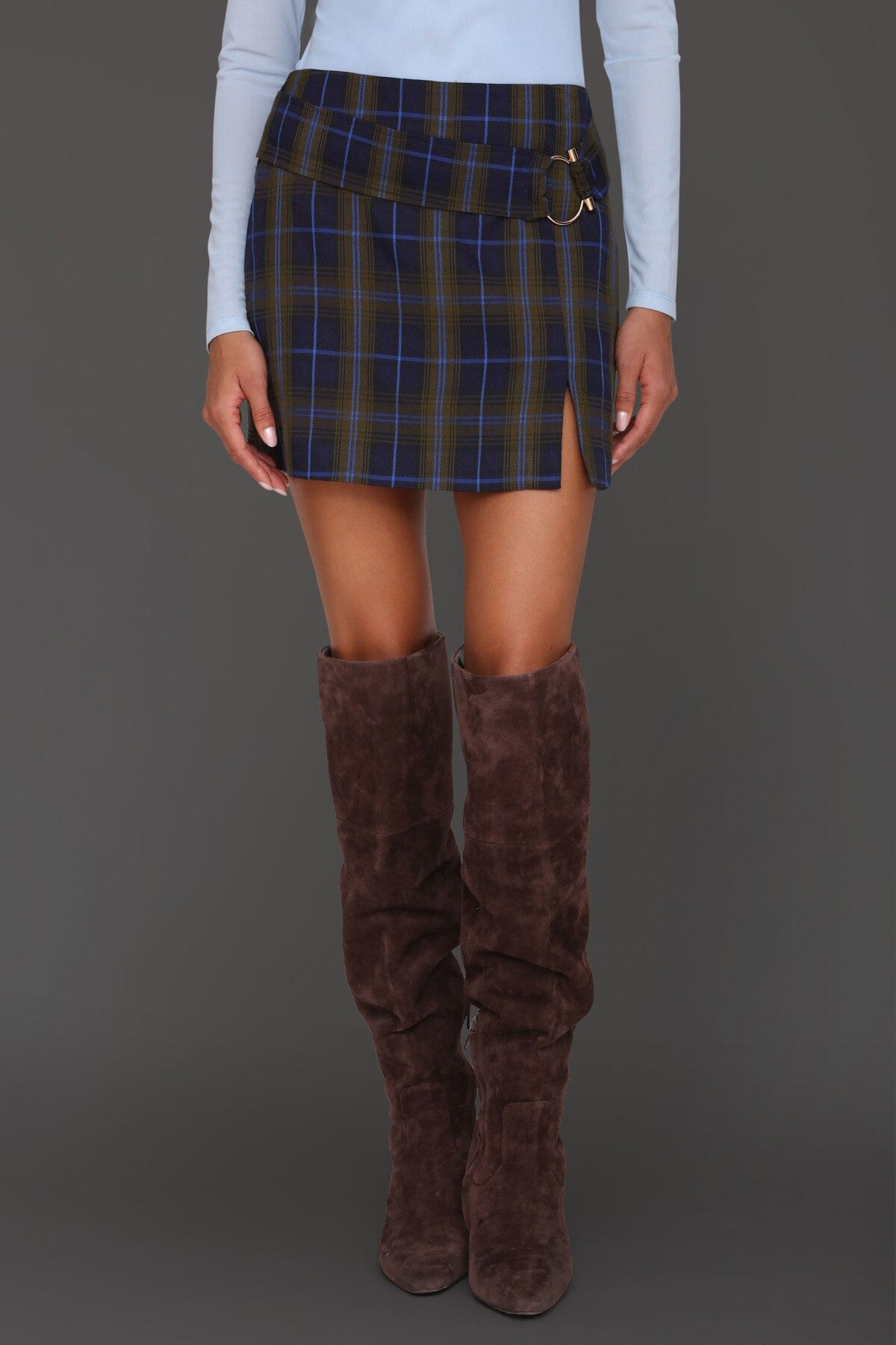 Navy green plaid tailored mini skirt with side slit and attached belt with buckle detail - Cute women's mini skirts by Avec Les Filles