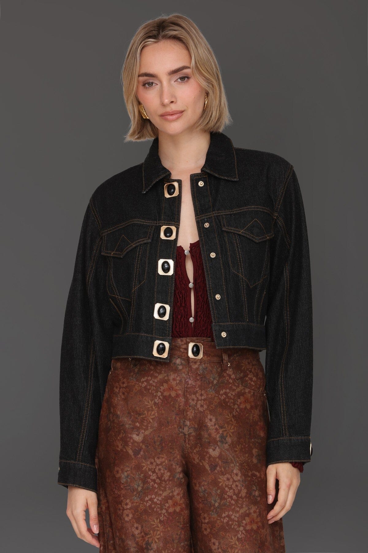 Novelty button-front cropped dark indigo denim jacket made from cotton-blend with chest flap pockets - Cute women's jackets by Avec Les Filles
