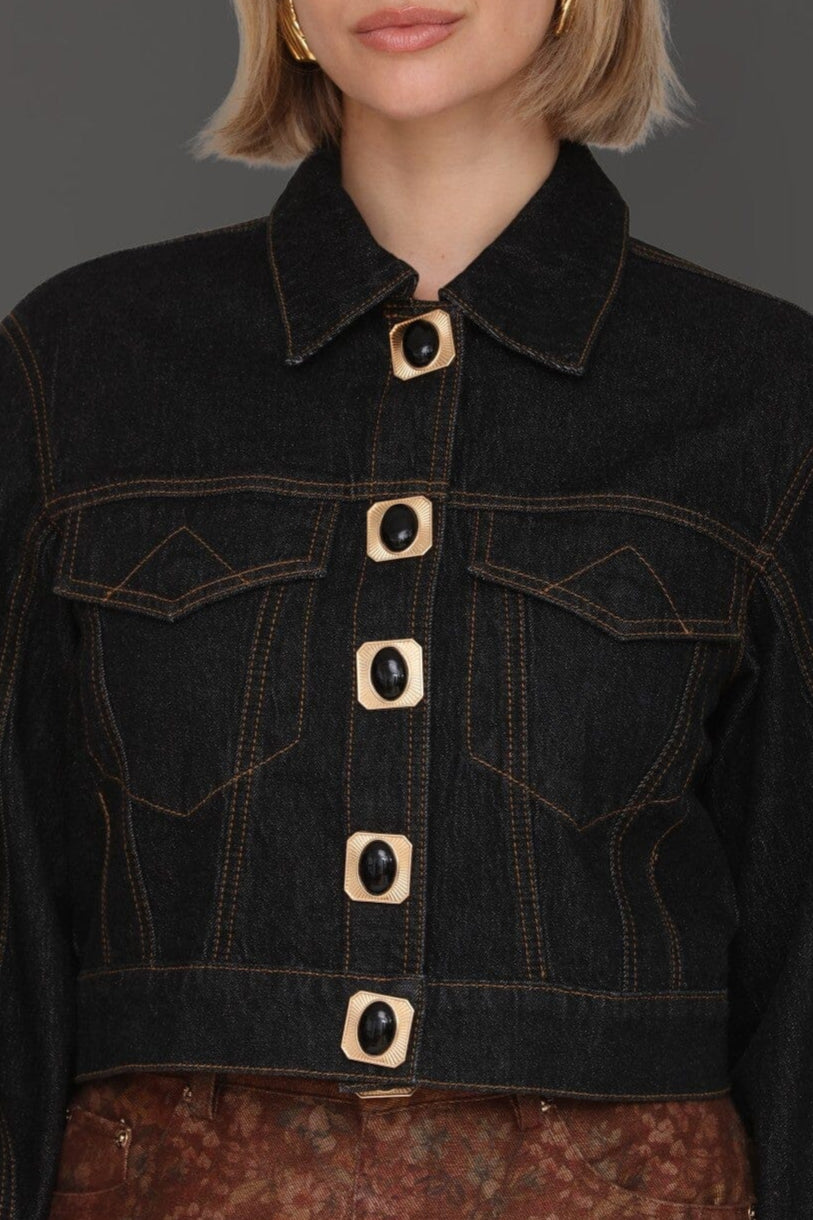 Novelty button-front cropped dark indigo denim jacket made from cotton-blend with chest flap pockets - Cute women's jackets by Avec Les Filles