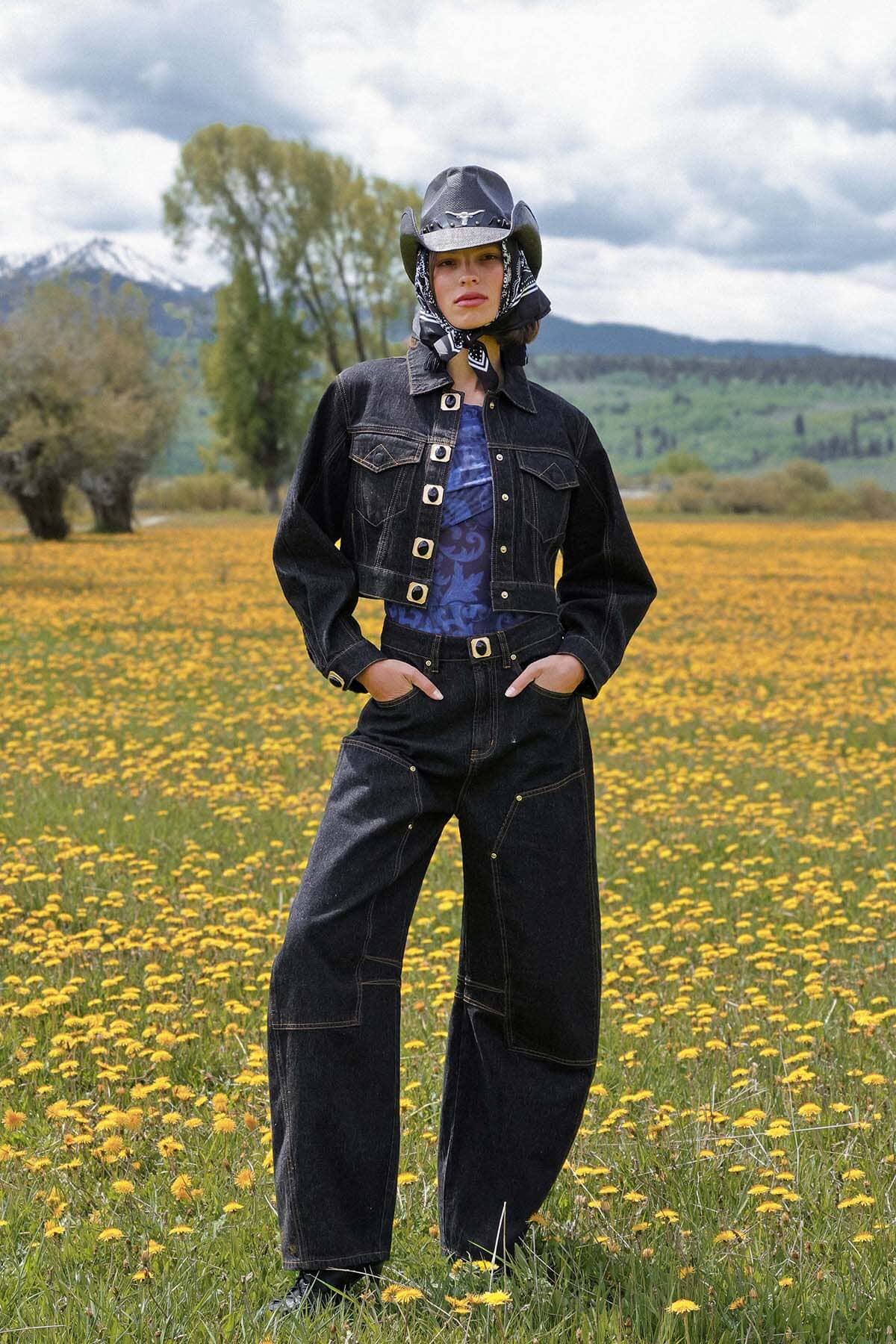 Novelty button dark indigo high-rise barrel leg jeans made from cotton-blend with front and back pockets - Cute women's pants by Avec Les Filles