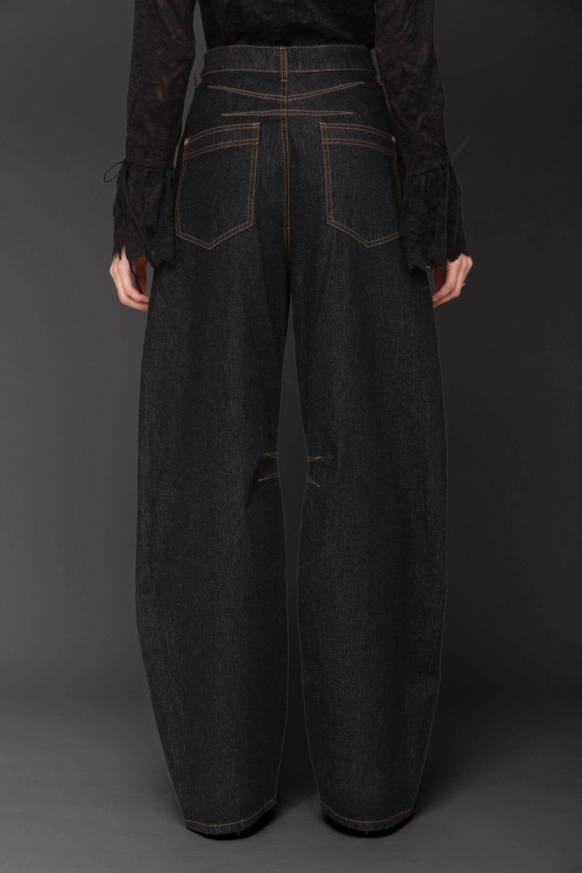 Novelty button dark indigo high-rise barrel leg jeans made from cotton-blend with front and back pockets - Cute women's pants by Avec Les Filles