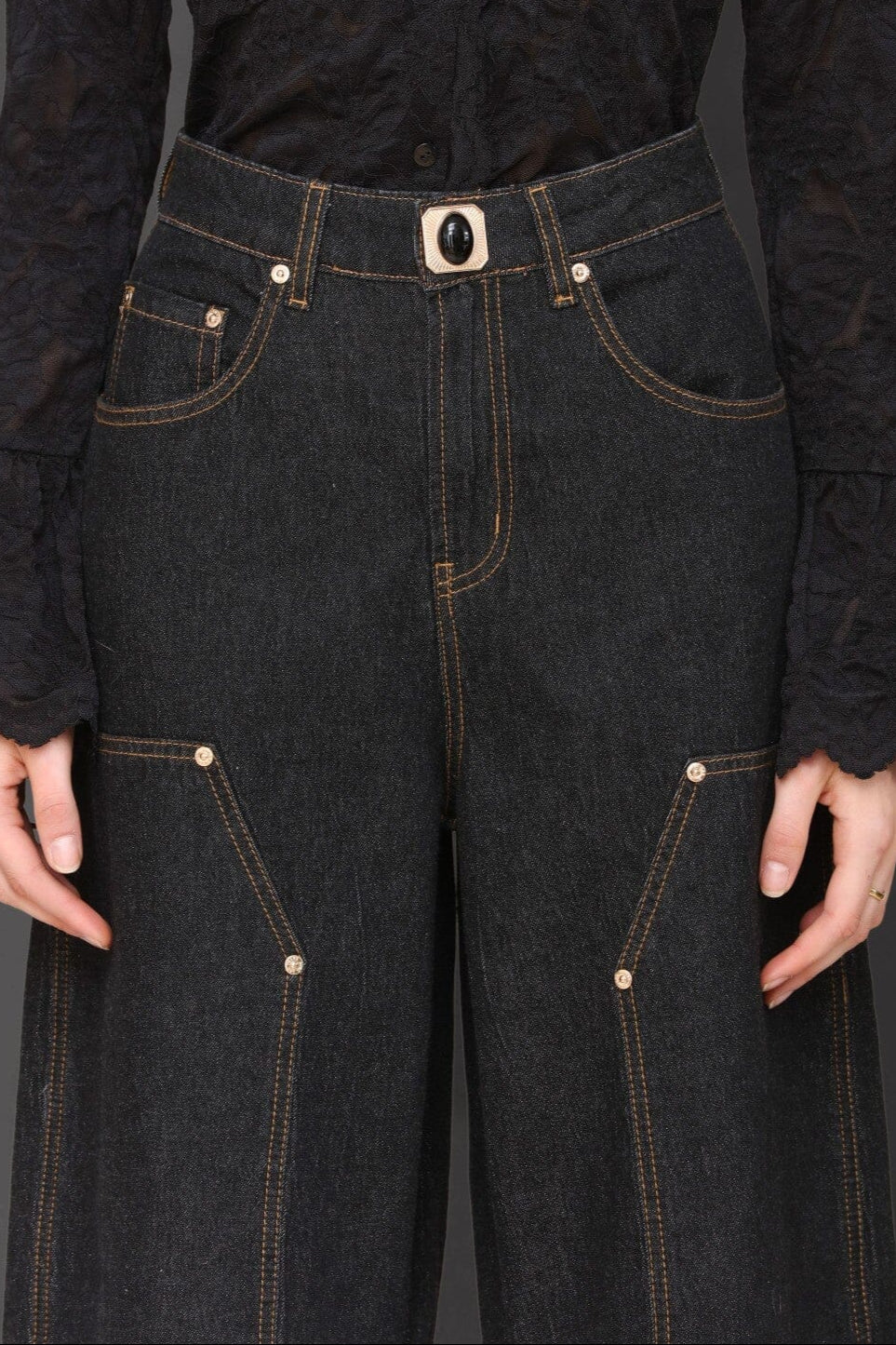Novelty button dark indigo high-rise barrel leg jeans made from cotton-blend with front and back pockets - Cute women's pants by Avec Les Filles