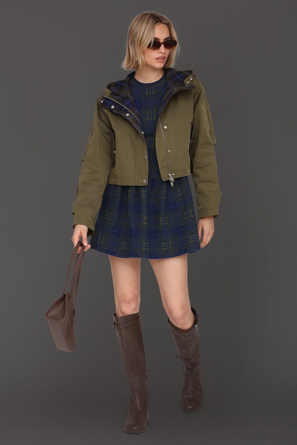 Cropped oversized navy green anorak rain jacket with attached hood and adjustable cuff tabs - Cute women's jackets by Avec Les Filles