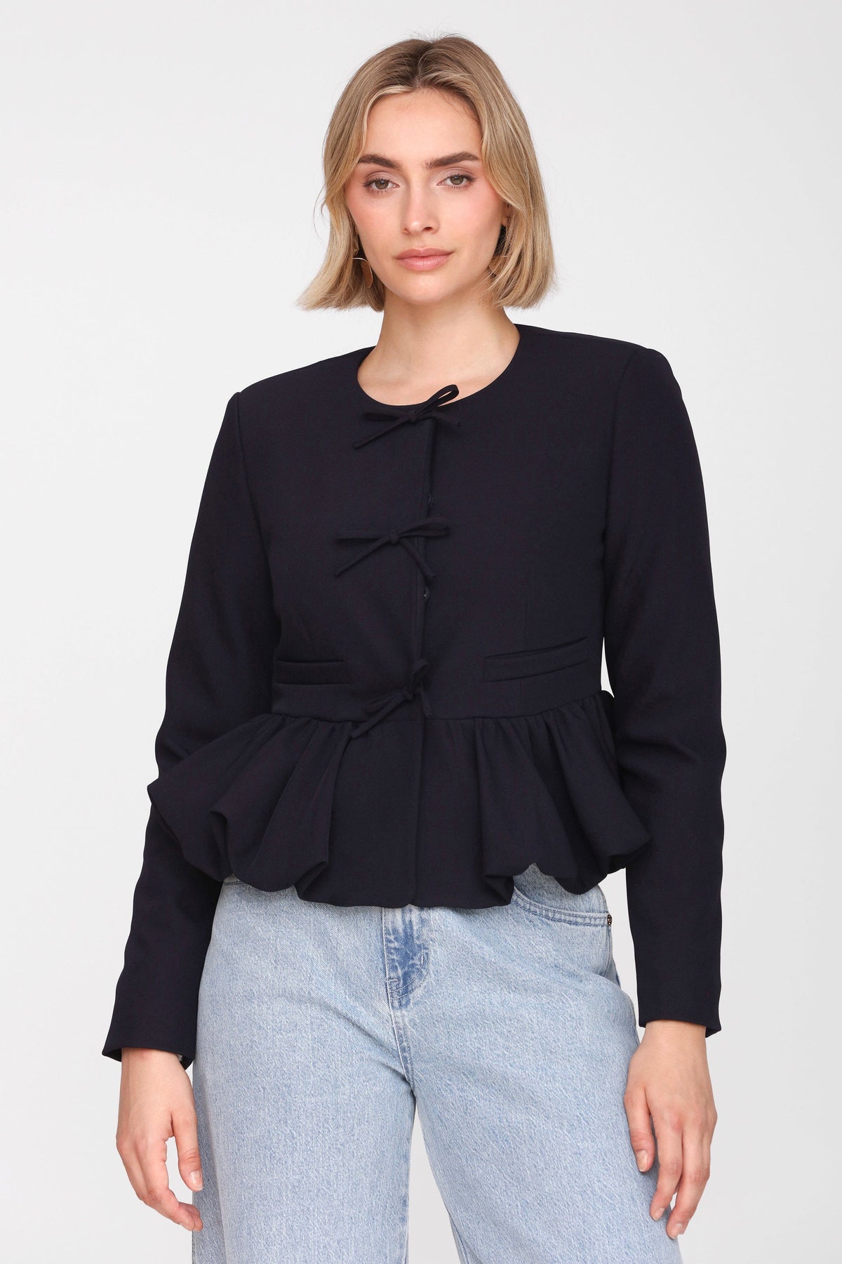 Bow-Front Stretch Suiting Peplum Jacket Coats & Jackets Avec Les Filles 