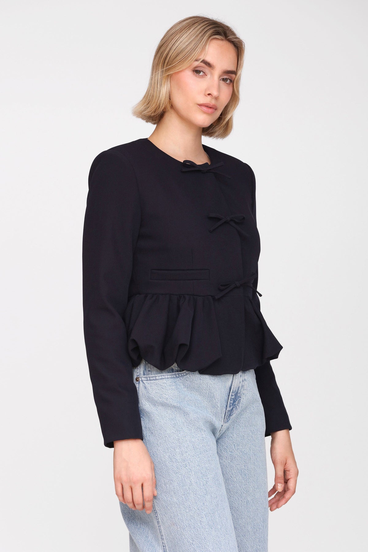Bow-Front Stretch Suiting Peplum Jacket Coats & Jackets Avec Les Filles 