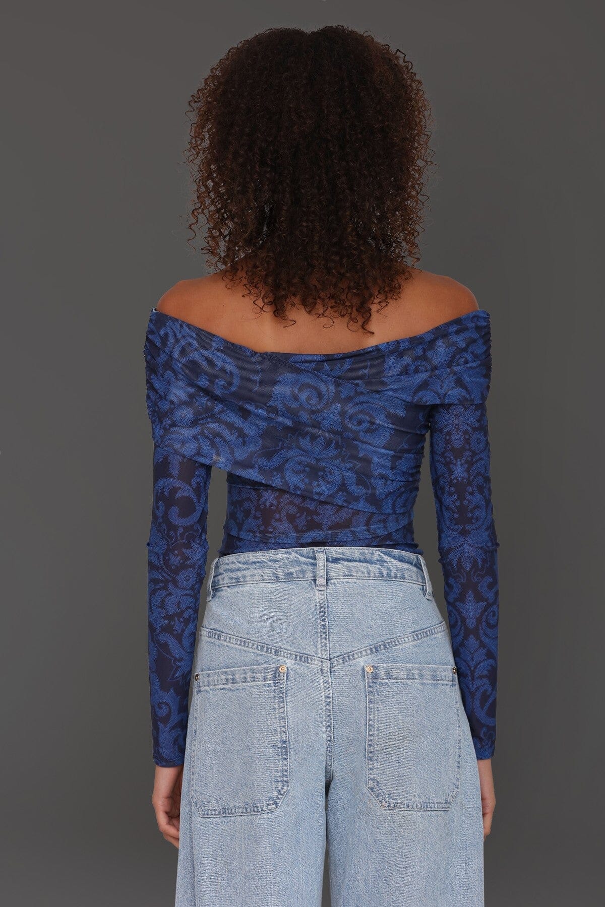 Off-shoulder paisley mesh navy blue bodysuit top with criss-cross neckline and long sleeves - Cute women's tops by Avec Les Filles