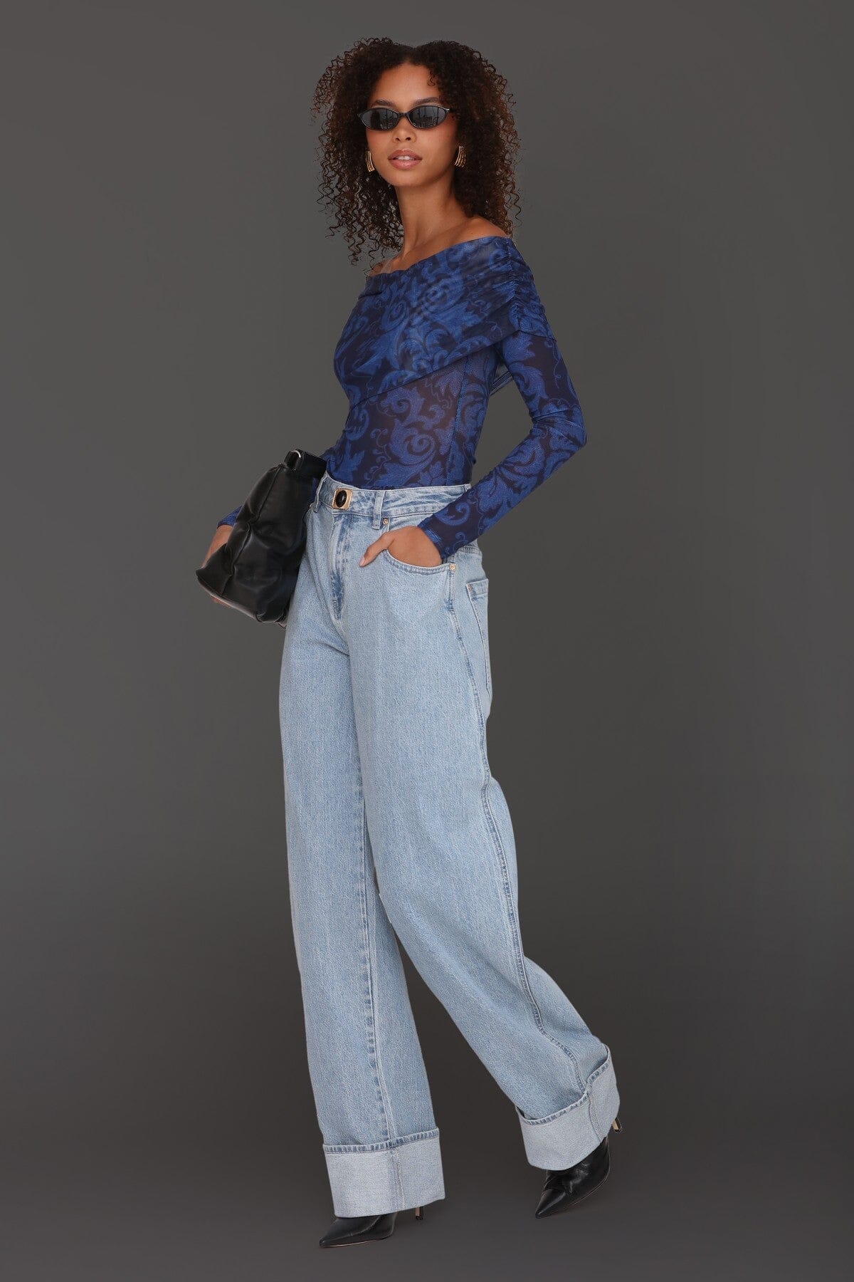 Off-shoulder paisley mesh navy blue bodysuit top with criss-cross neckline and long sleeves - Cute women's tops by Avec Les Filles