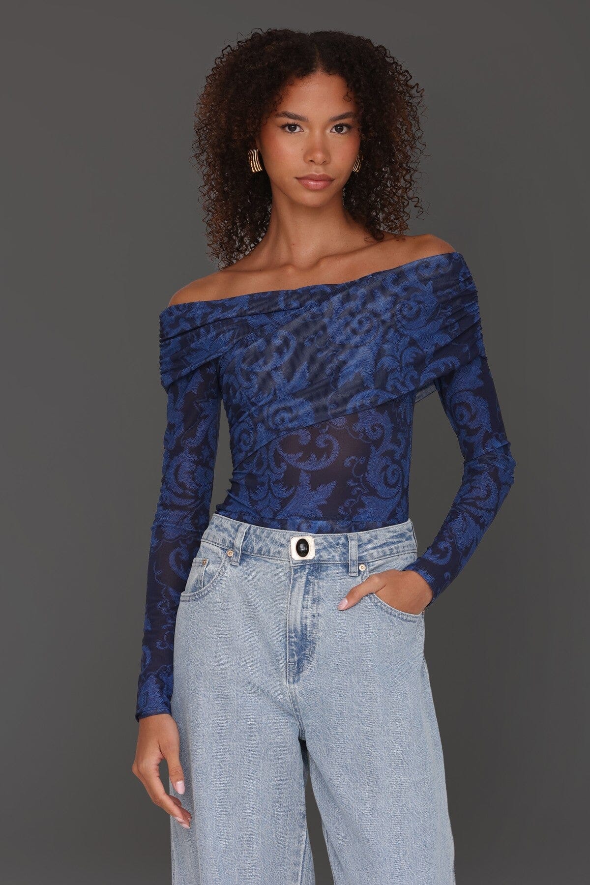Off-shoulder paisley mesh navy blue bodysuit top with criss-cross neckline and long sleeves - Cute women's tops by Avec Les Filles