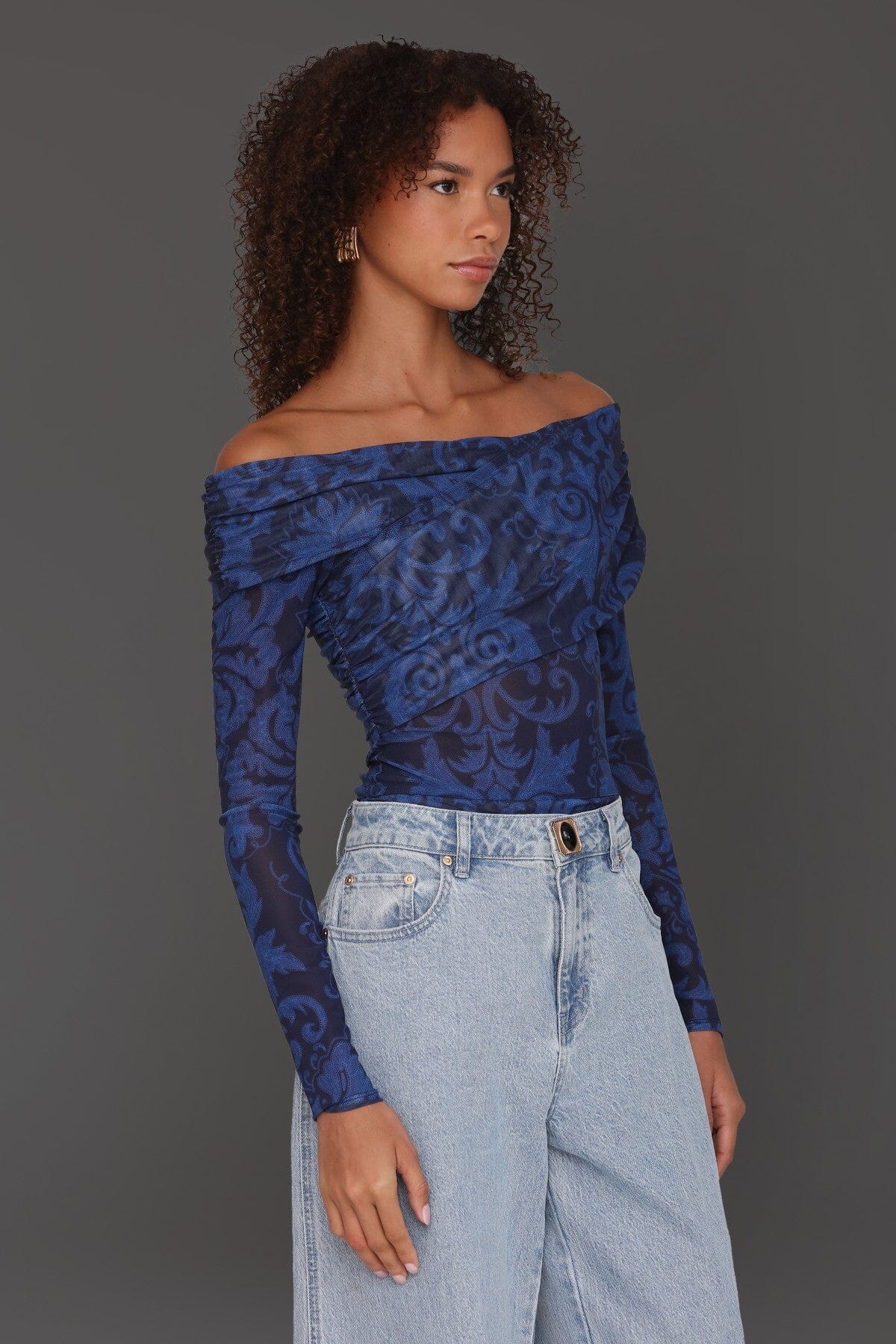 Off-shoulder paisley mesh navy blue bodysuit top with criss-cross neckline and long sleeves - Cute women's tops by Avec Les Filles