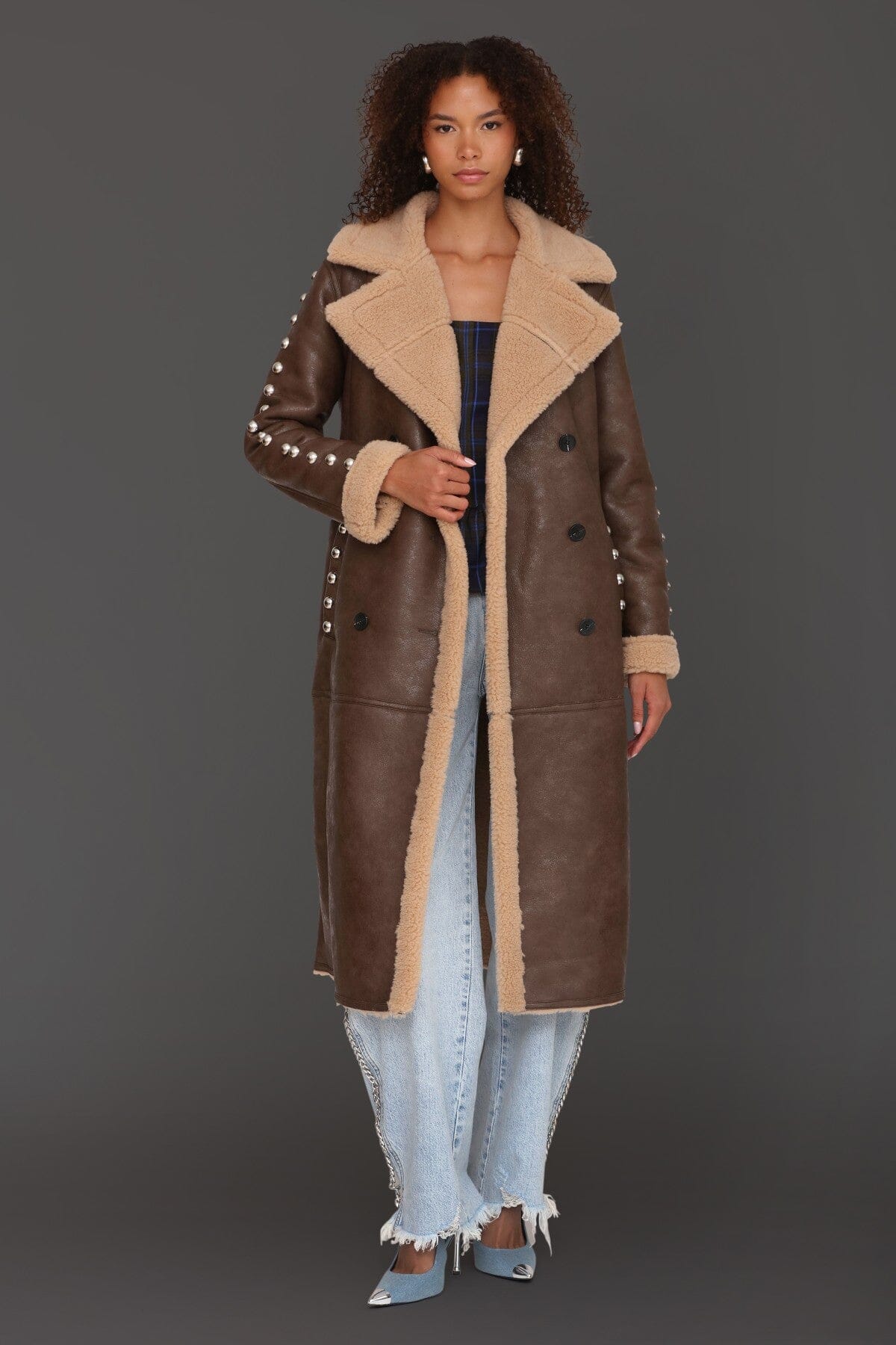 Studded faux shearling button-front brown double-breasted coat with wide notched collar and side pockets - Cute women's long coats by Avec Les Filles