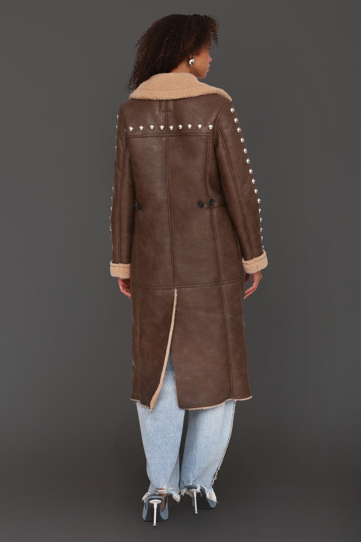 Studded faux shearling button-front brown double-breasted coat with wide notched collar and side pockets - Cute women's long coats by Avec Les Filles