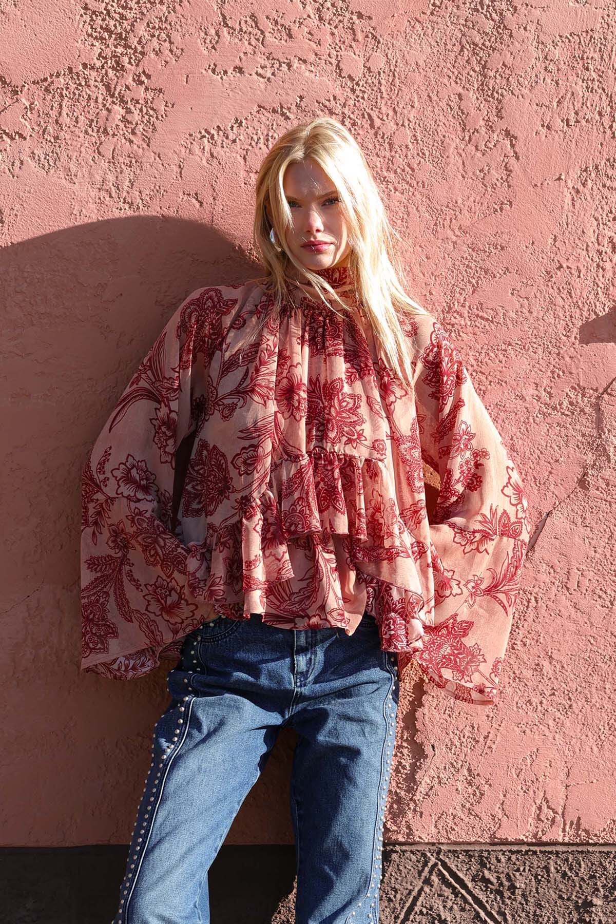 Tapestry floral print chiffon ruffle blouse with self-tie bow and long billowing sleeves - Cute women's tops by Avec Les Filles