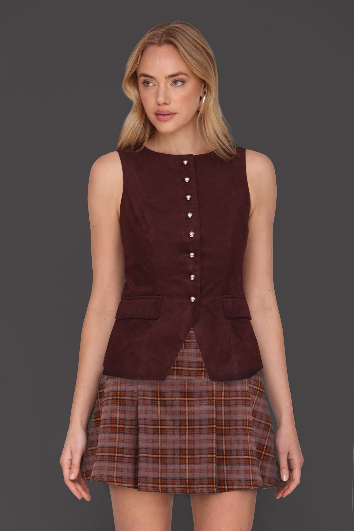 Faux suede cutaway front maroon vest top with sleeveless and boatneck design - Cute women's tops by Avec Les Filles
