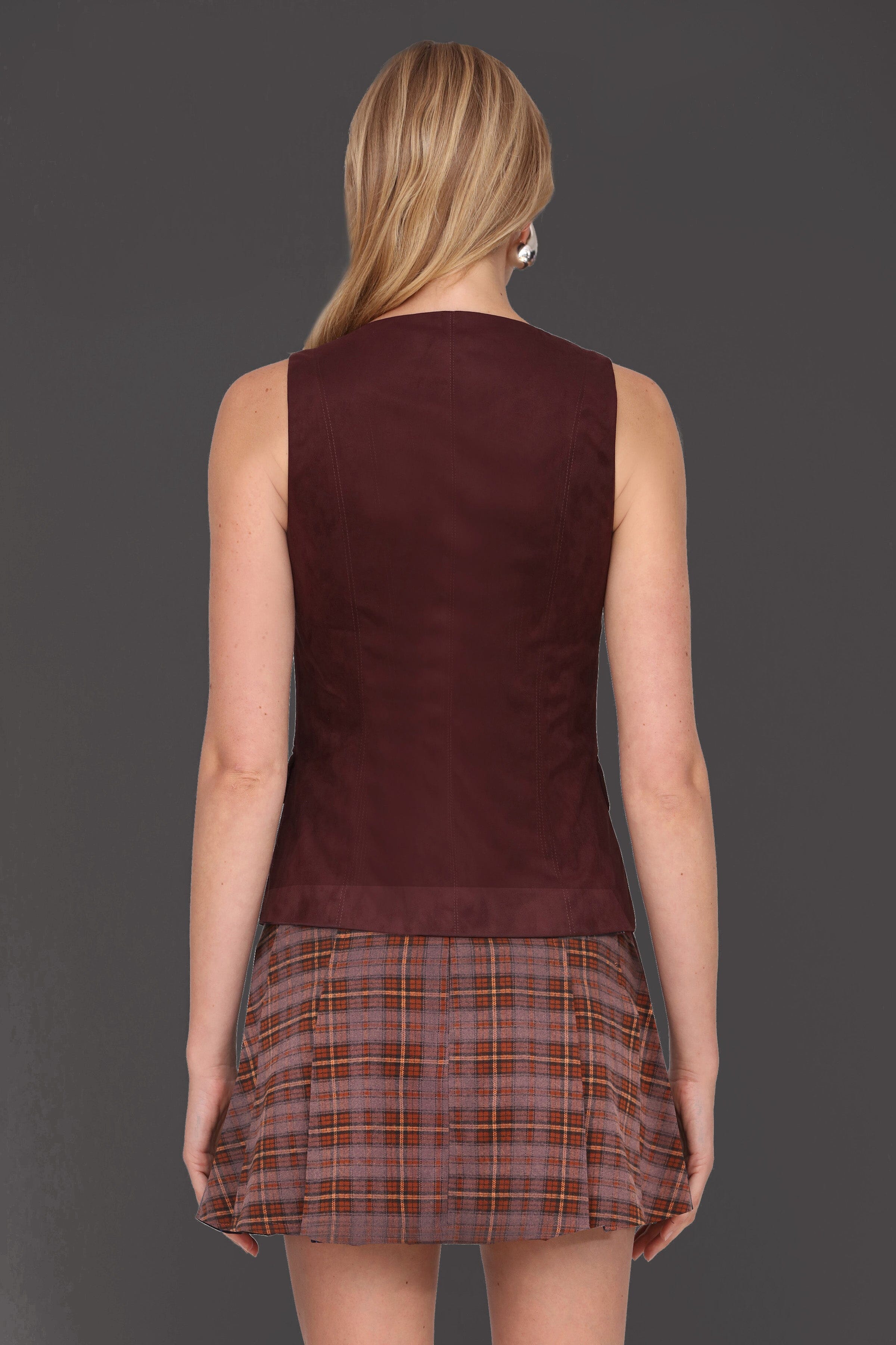 Faux suede cutaway front maroon vest top with sleeveless and boatneck design - Cute women's tops by Avec Les Filles