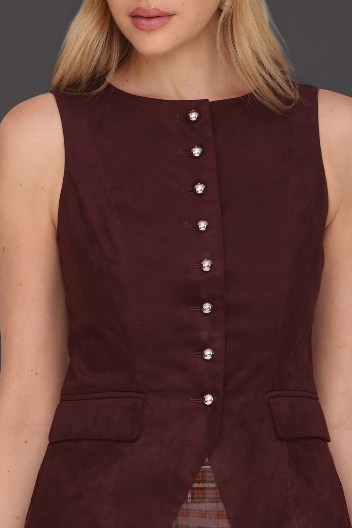 Faux suede cutaway front maroon vest top with sleeveless and boatneck design - Cute women's tops by Avec Les Filles