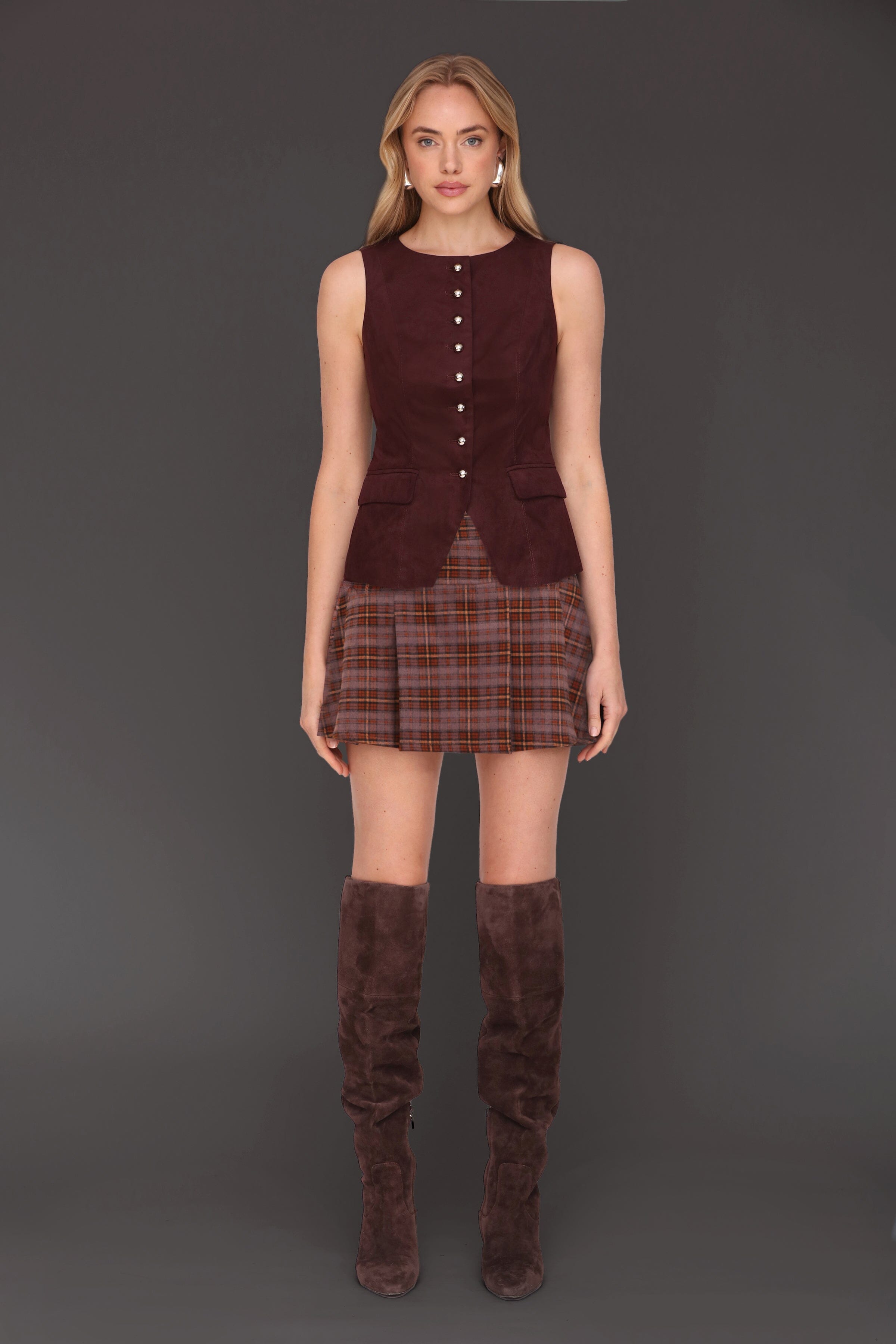 Faux suede cutaway front maroon vest top with sleeveless and boatneck design - Cute women's tops by Avec Les Filles