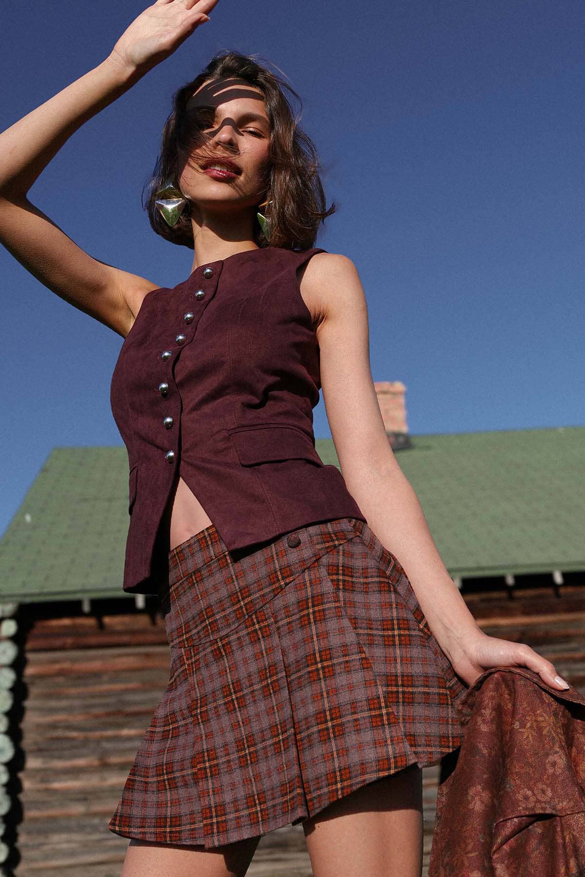 Maroon plaid pleated mini skort with side zip closure - Cute women's mini skorts by Avec Les Filles
