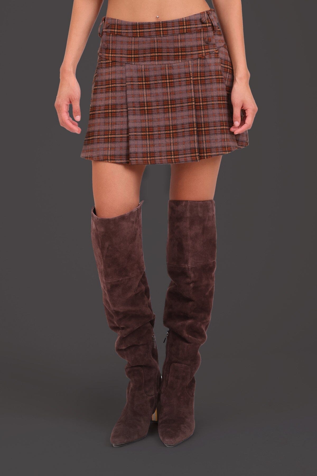 Maroon plaid pleated mini skort with side zip closure - Cute women's mini skorts by Avec Les Filles
