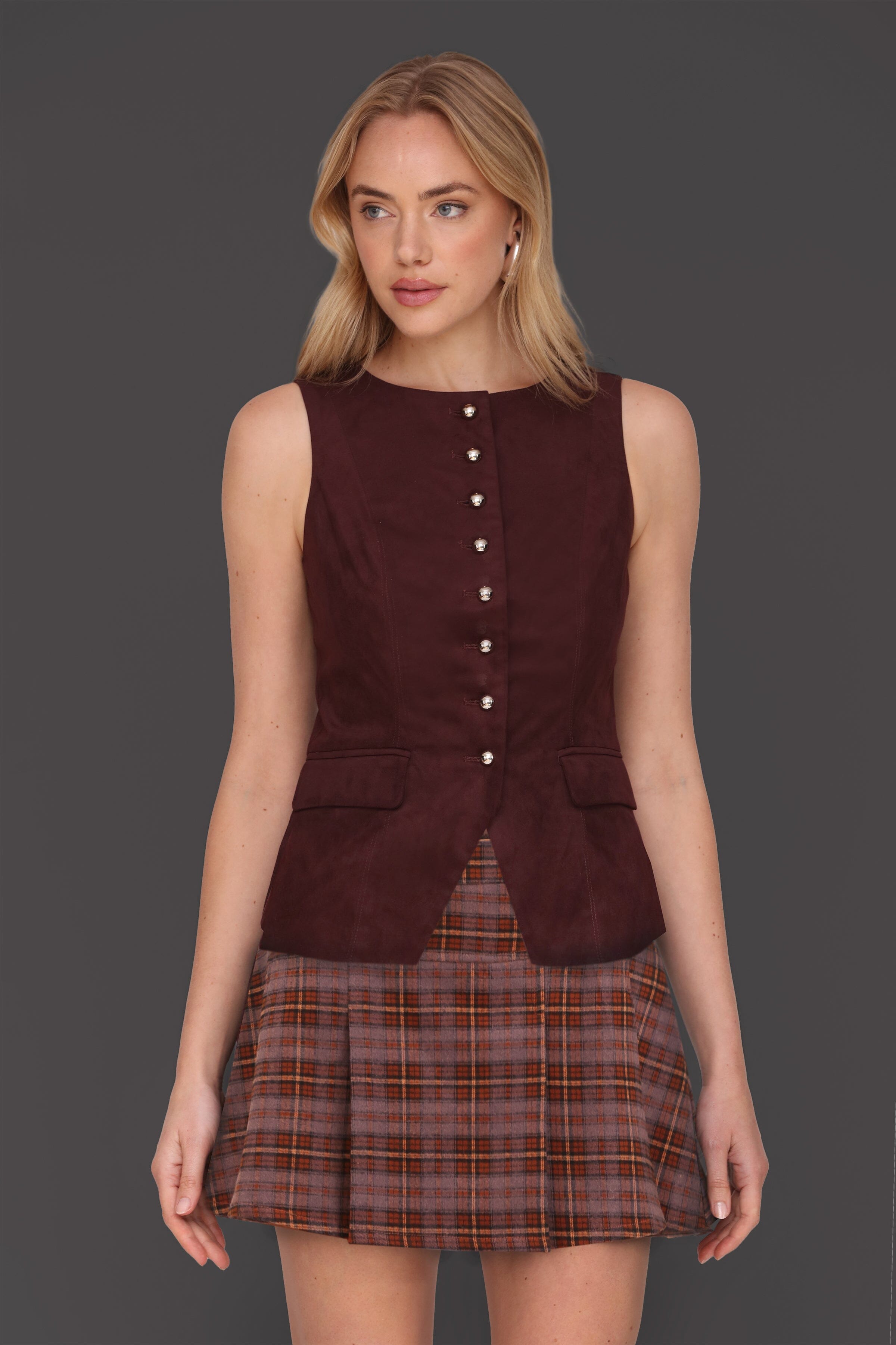 Maroon plaid pleated mini skort with side zip closure - Cute women's mini skorts by Avec Les Filles