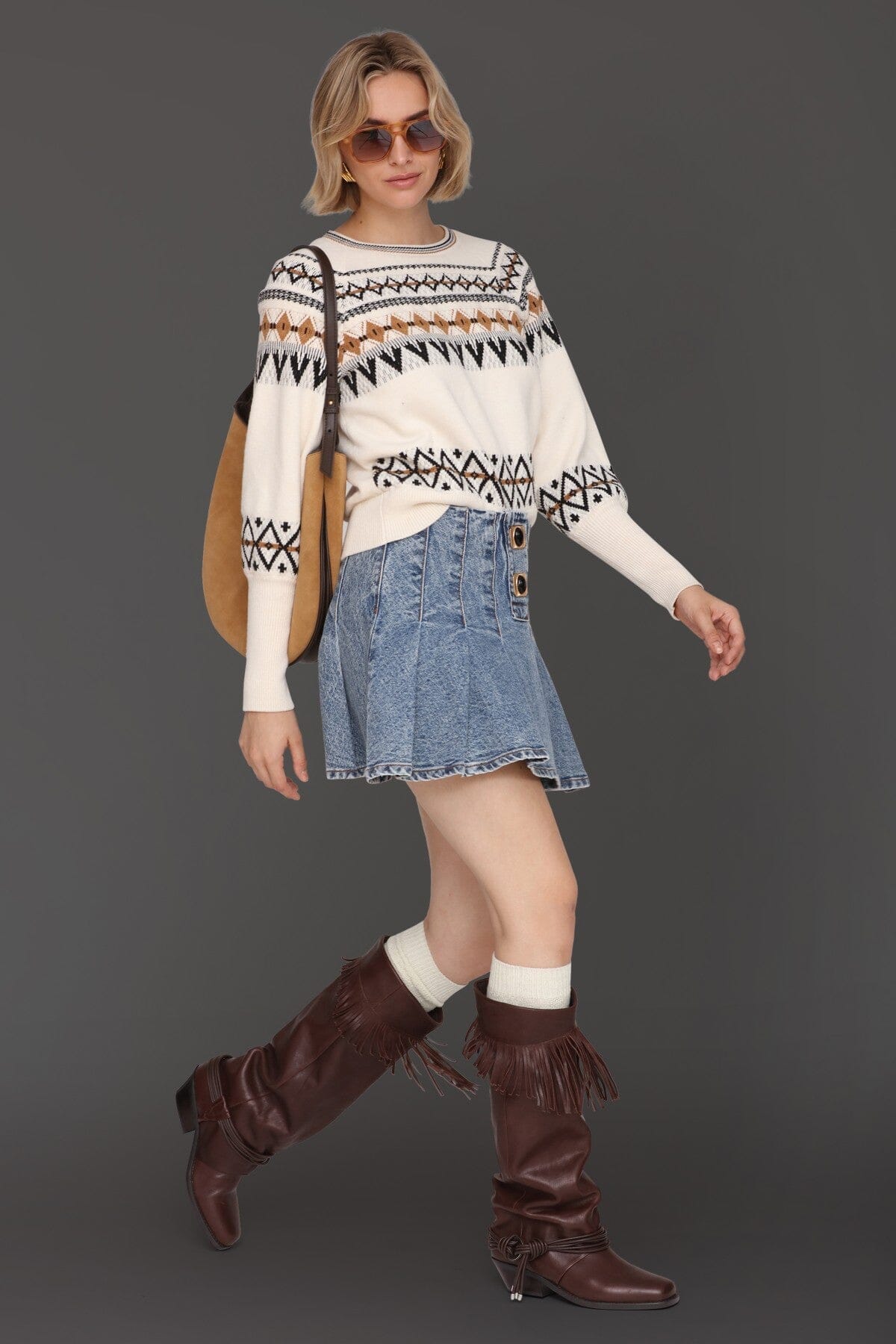 Fair isle jacquard pattern long puff sleeve ivory sweater with crew neckline - Cute women's sweater by Avec Les Filles
