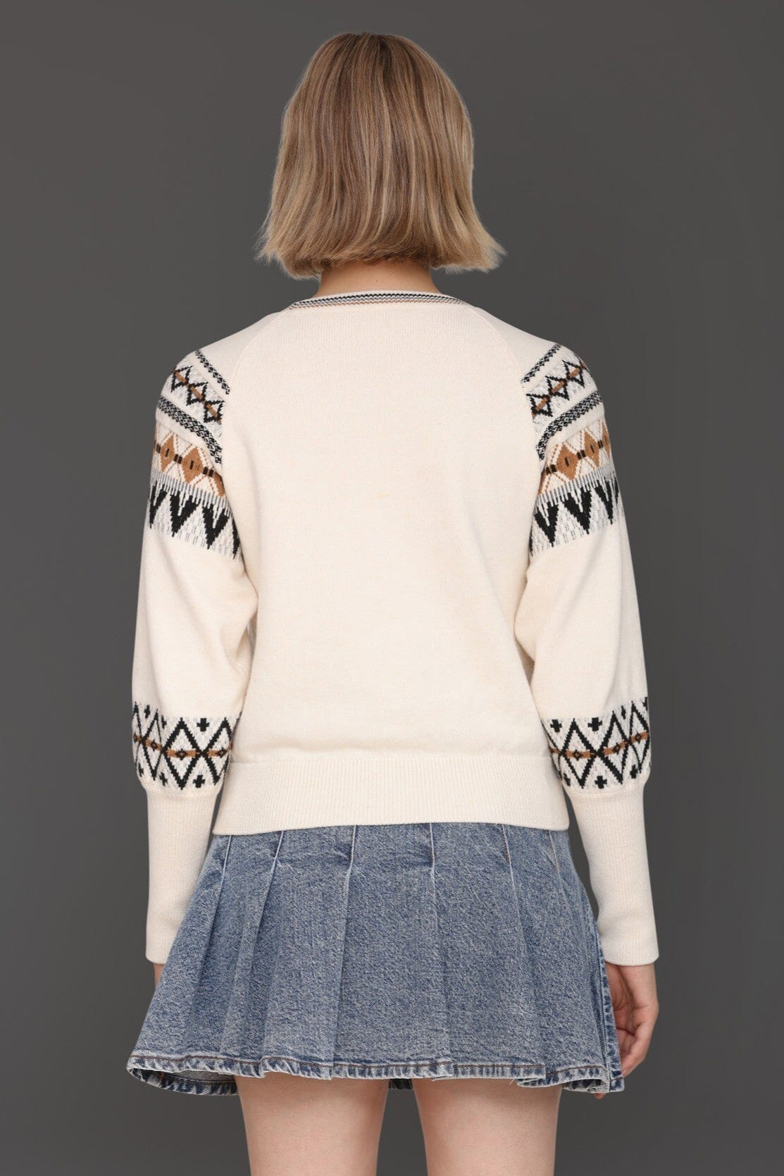 Fair isle jacquard pattern long puff sleeve ivory sweater with crew neckline - Cute women's sweater by Avec Les Filles