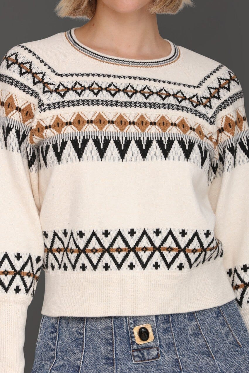 Fair isle jacquard pattern long puff sleeve ivory sweater with crew neckline - Cute women's sweater by Avec Les Filles
