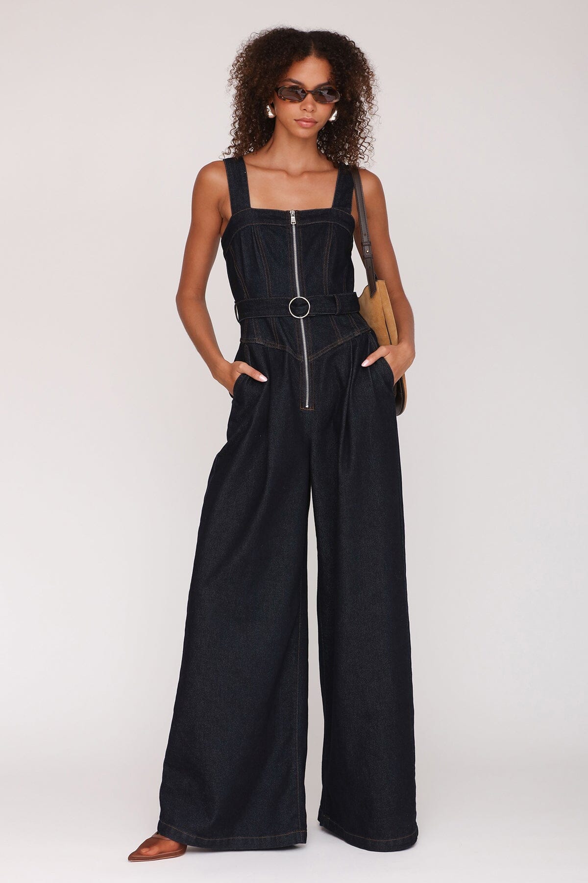 Zip-front wide leg denim dark indigo jumpsuit with wide straps and removable self belt - Cute women's jumpsuits by Avec Les Filles