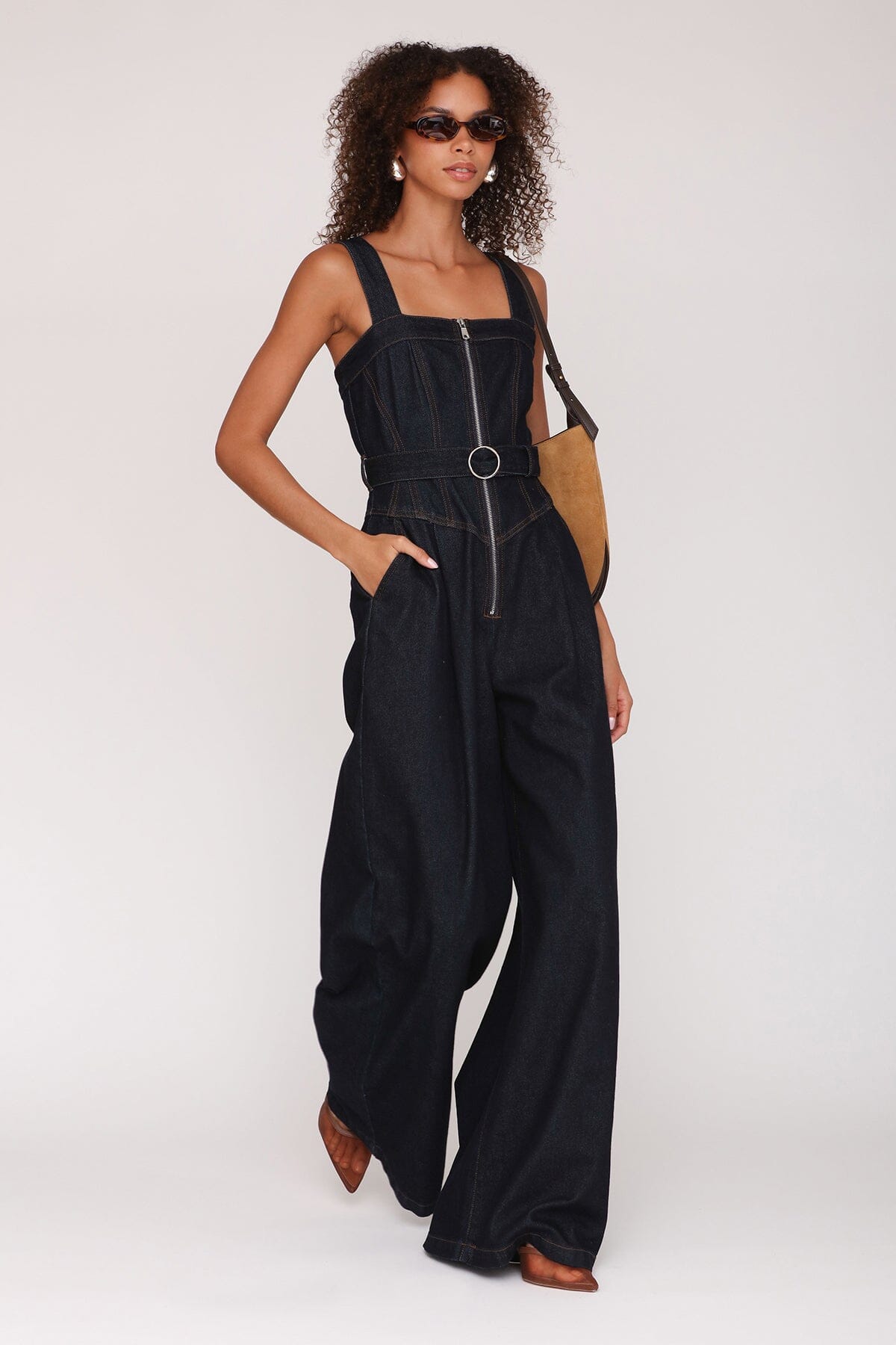 Zip-front wide leg denim dark indigo jumpsuit with wide straps and removable self belt - Cute women's jumpsuits by Avec Les Filles