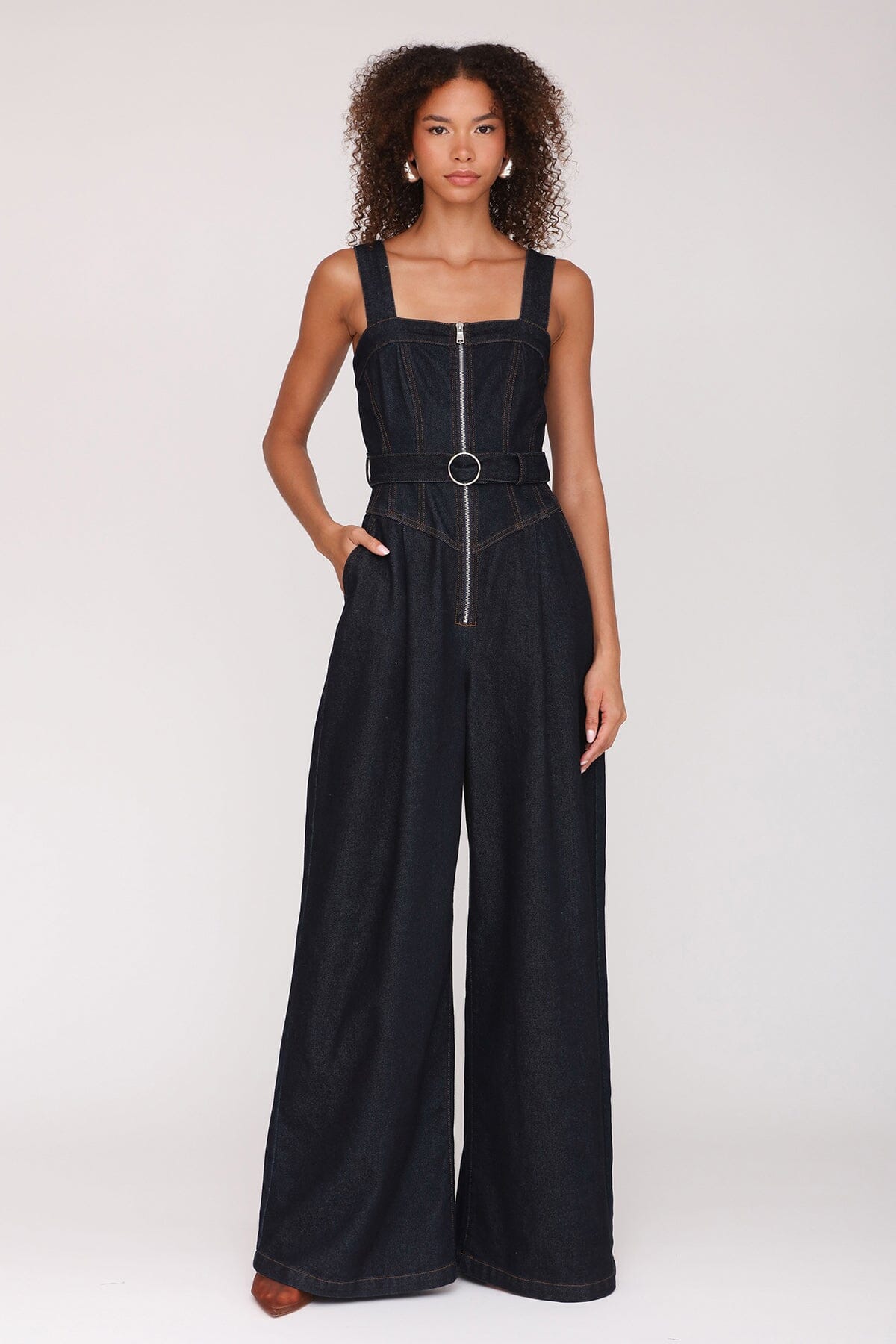 Zip-front wide leg denim dark indigo jumpsuit with wide straps and removable self belt - Cute women's jumpsuits by Avec Les Filles