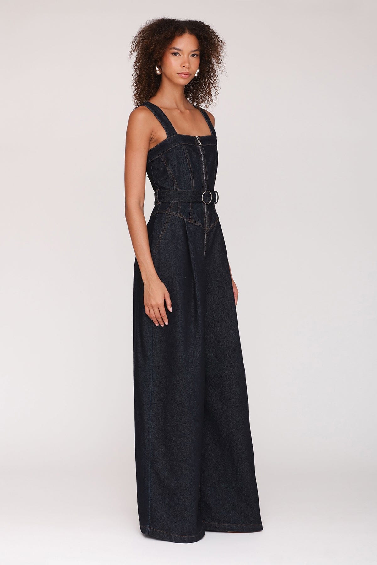 Zip-front wide leg denim dark indigo jumpsuit with wide straps and removable self belt - Cute women's jumpsuits by Avec Les Filles