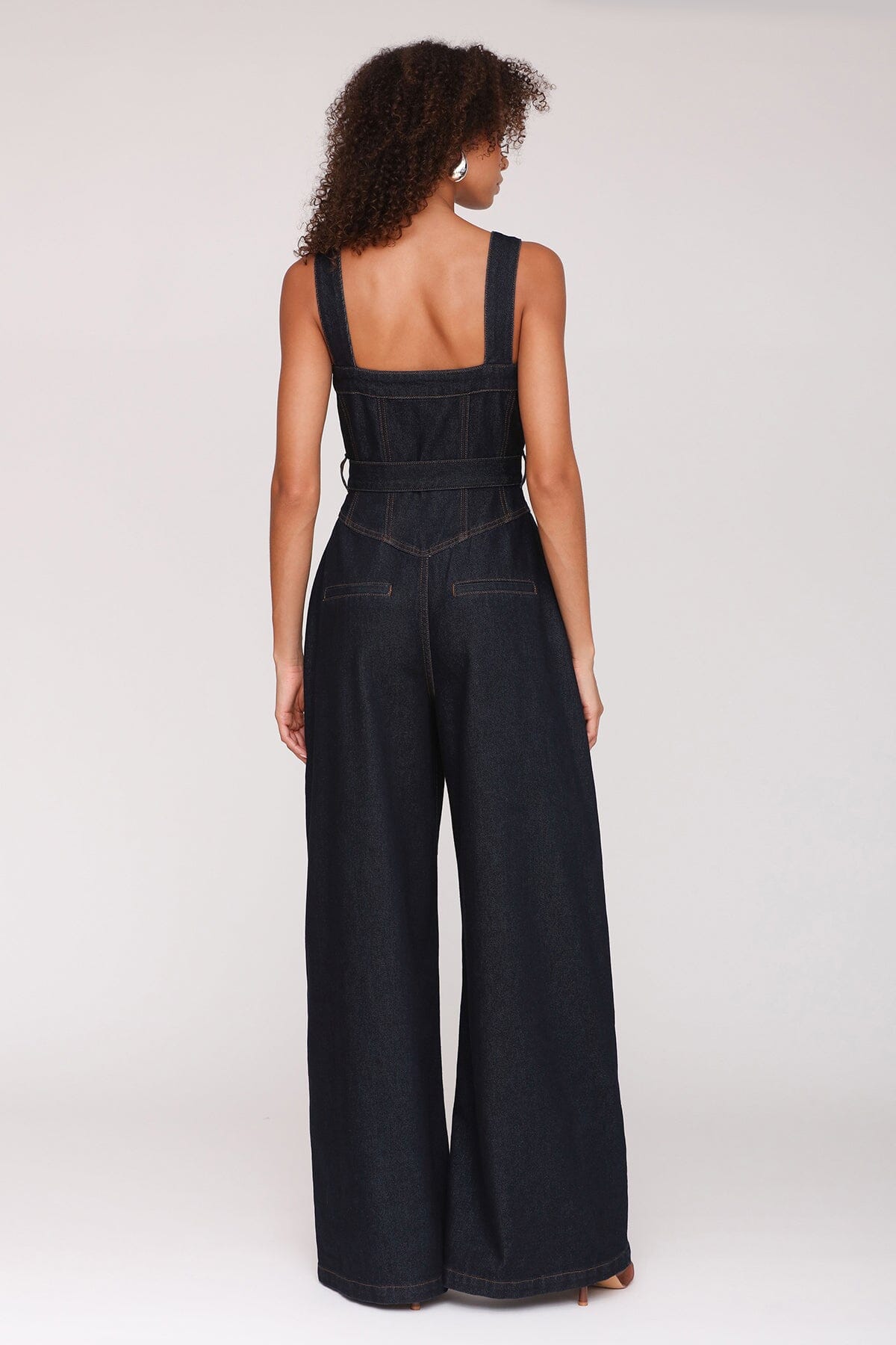Zip-front wide leg denim dark indigo jumpsuit with wide straps and removable self belt - Cute women's jumpsuits by Avec Les Filles