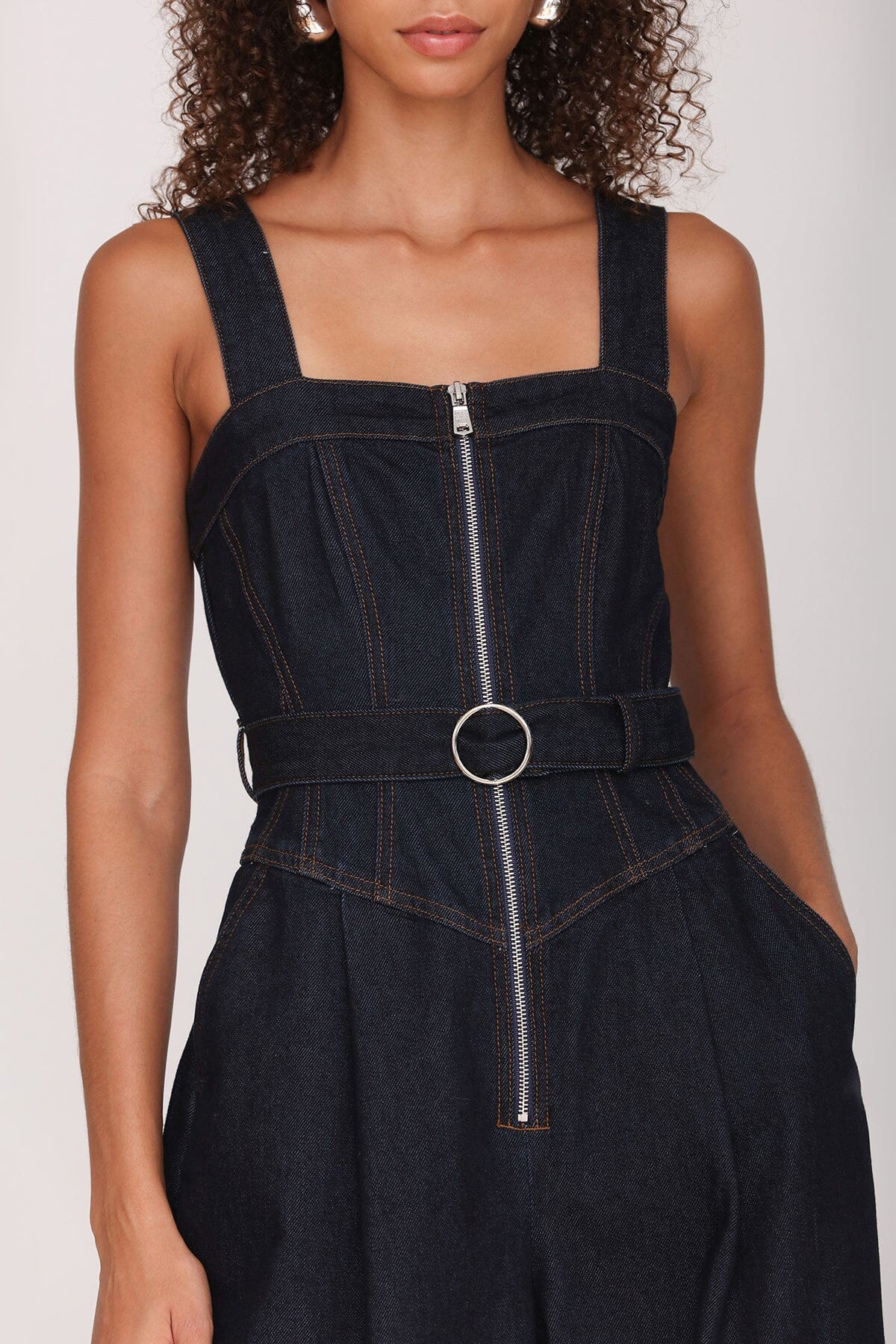 Zip-front wide leg denim dark indigo jumpsuit with wide straps and removable self belt - Cute women's jumpsuits by Avec Les Filles