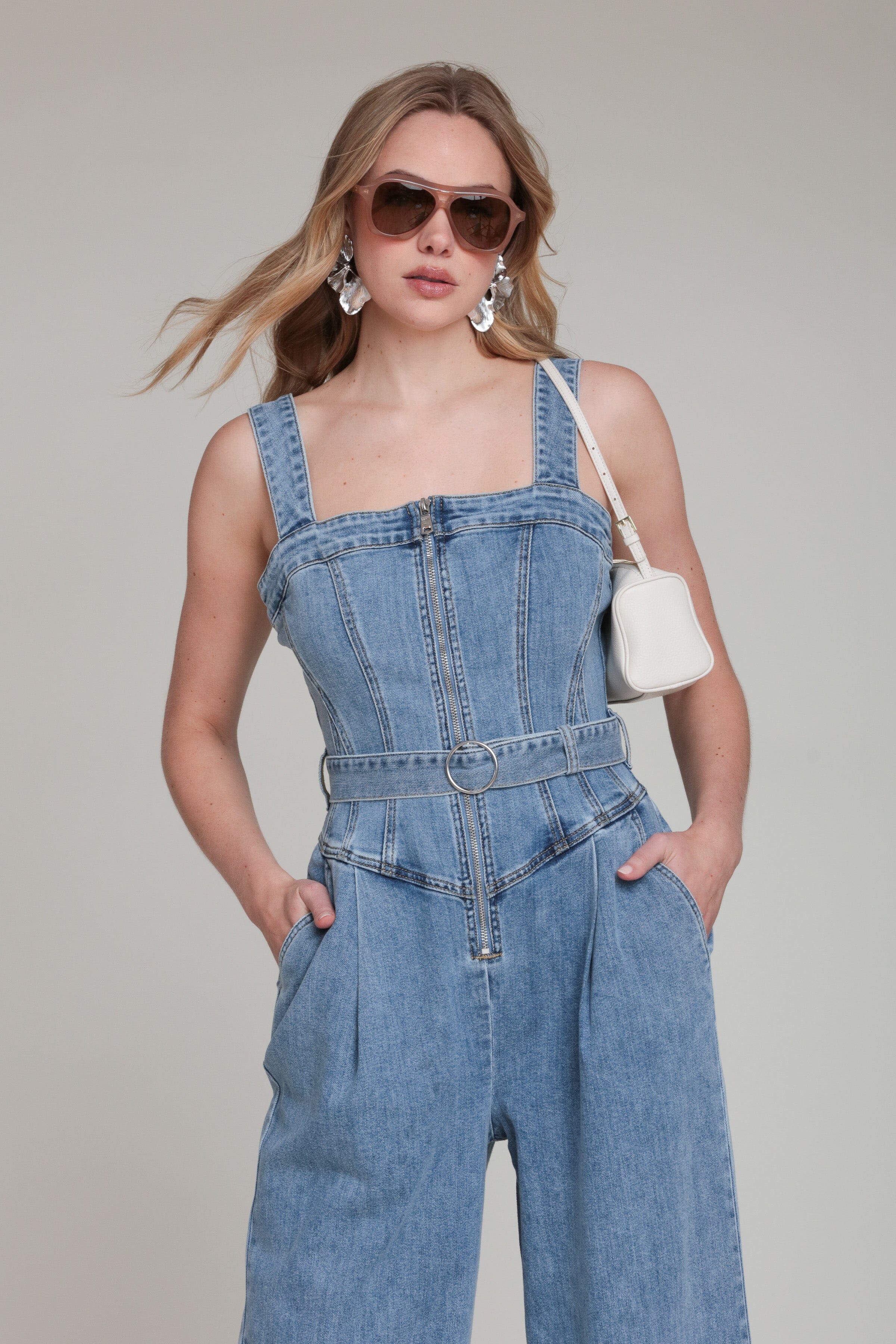 Blue denim jumpsuit with zip and removable belt - Shop women's denim jumpsuit clothing by Avec Les Filles