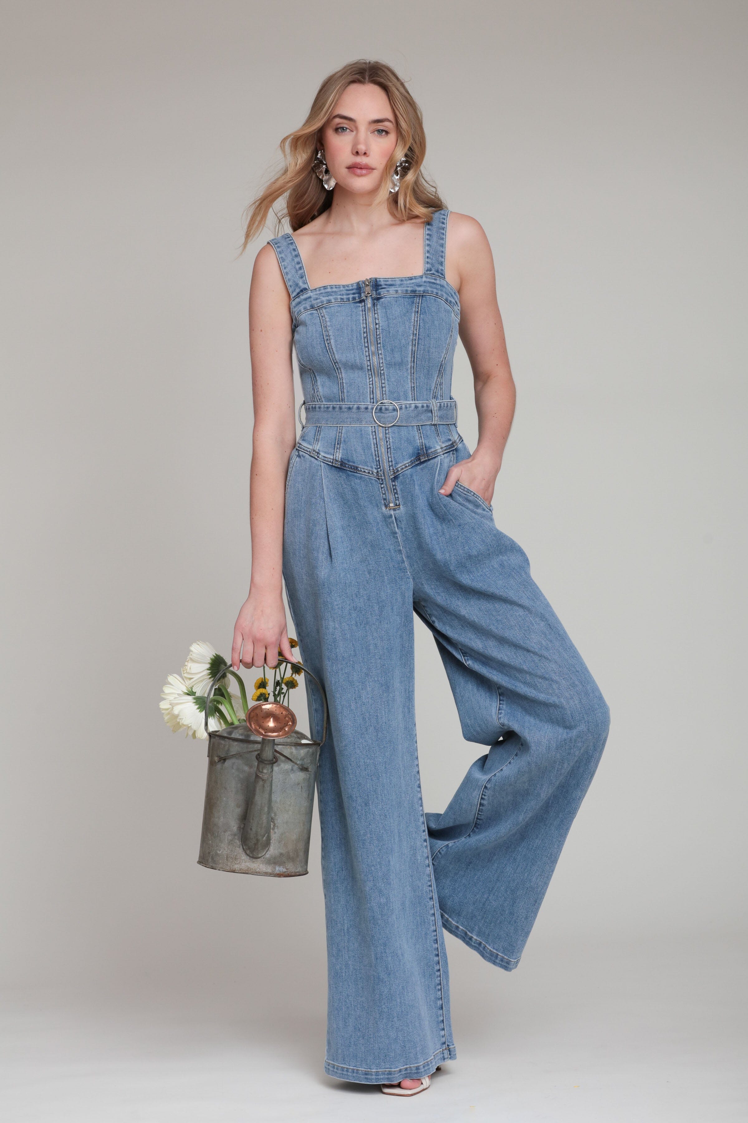 Zip-Front Blue Wide Leg Denim Jumpsuit