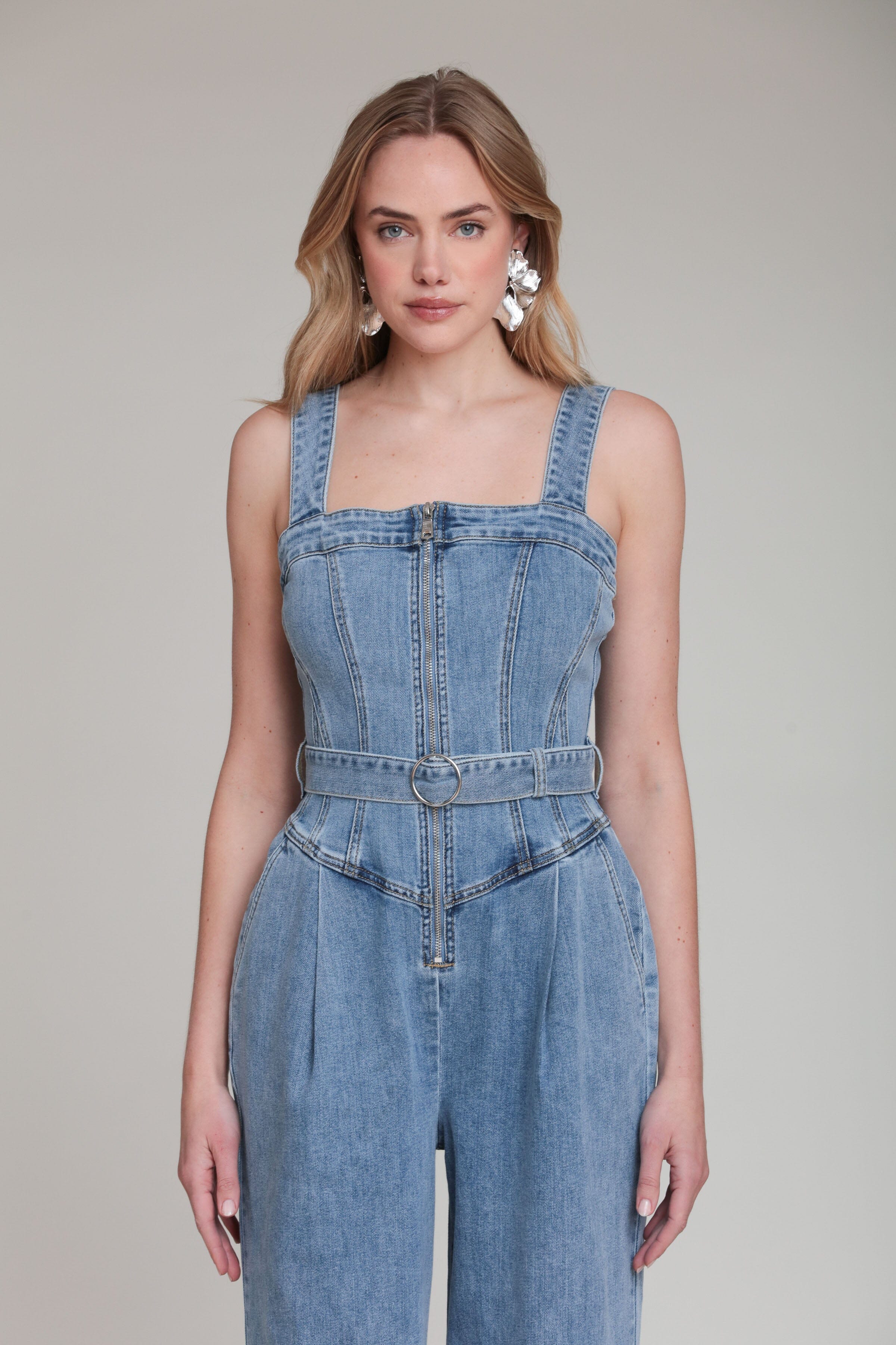 Zip-Front Blue Wide Leg Denim Jumpsuit