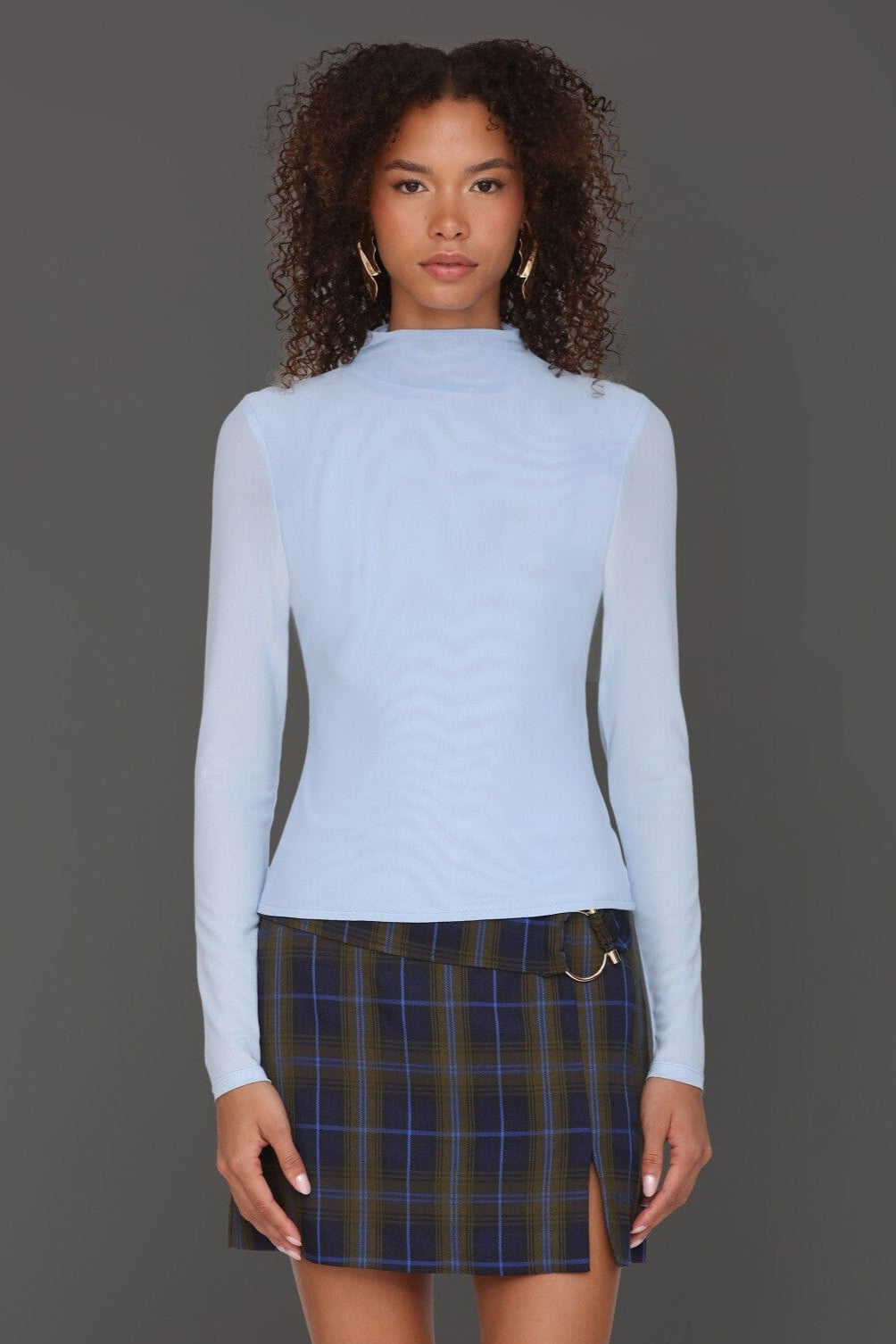 Mesh mockneck long sleeve sky blue top with a soft stretch fit - Cute women's tops by Avec Les Filles