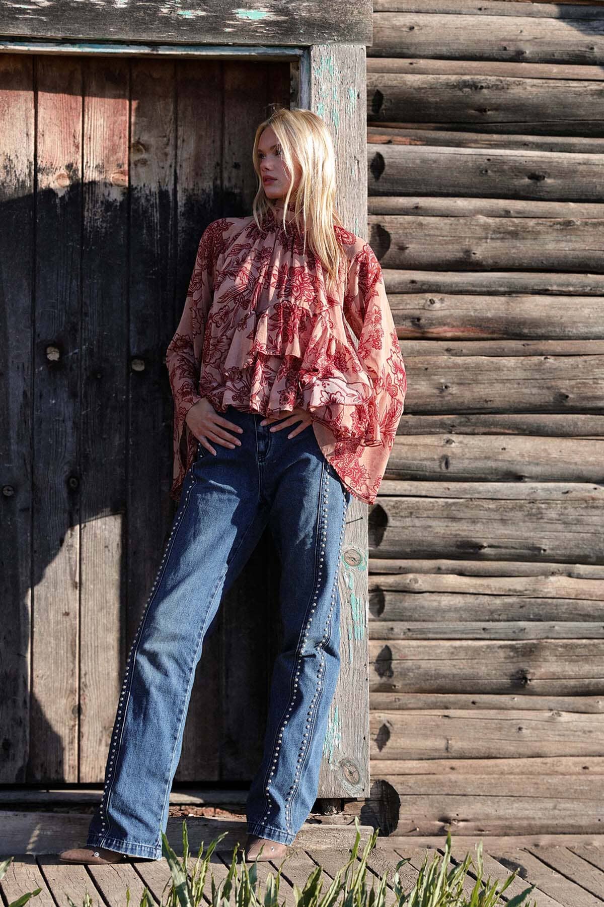 Studded blue cotton wide leg jeans with front and back pockets - Cute women's pants by Avec Les Filles