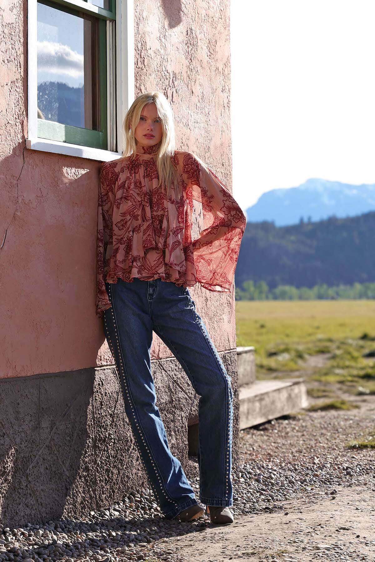 Studded blue cotton wide leg jeans with front and back pockets - Cute women's pants by Avec Les Filles