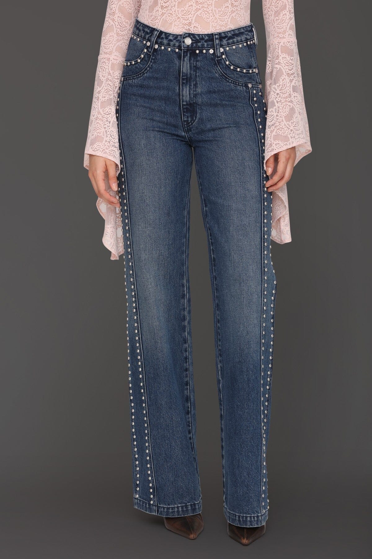 Studded blue cotton wide leg jeans with front and back pockets - Cute women's pants by Avec Les Filles