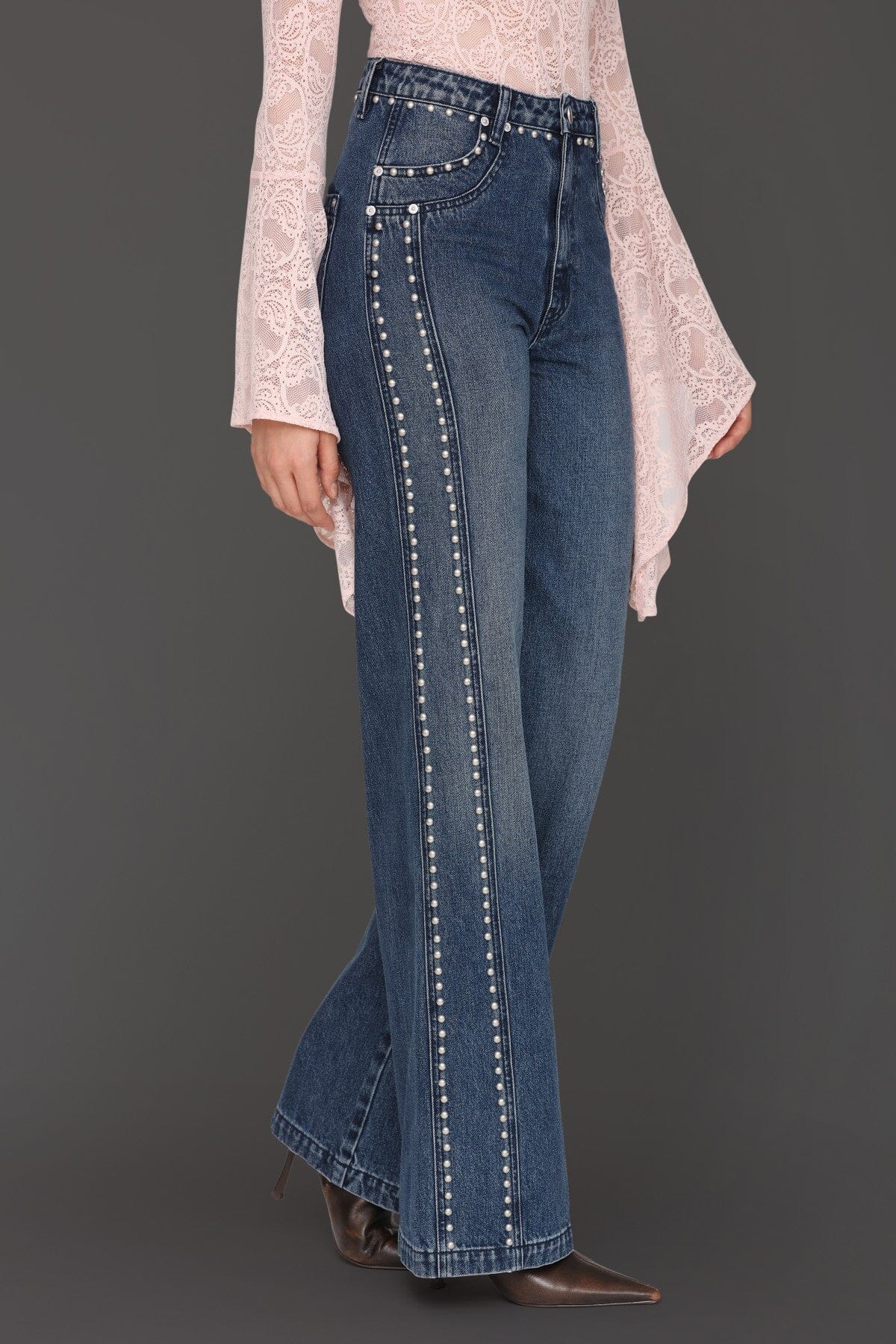 Studded blue cotton wide leg jeans with front and back pockets - Cute women's pants by Avec Les Filles
